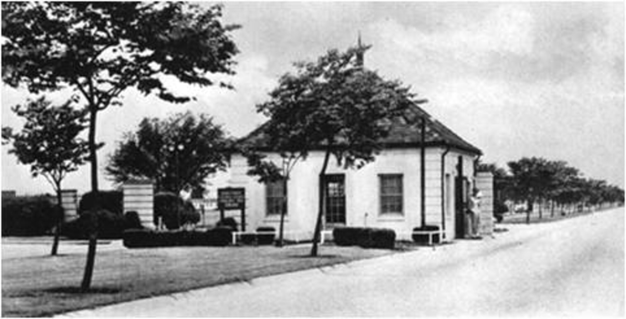 During World War II, the West Gate guard house became a pill box, which is a round defense structure for ground troops around 1940 to 1977. (U.S. Air Force photo) (RELEASED)