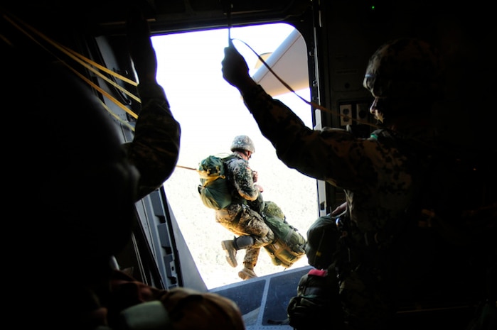 German paratroopers jump from a Charleston C-17 aircraft near Fort Bragg, N.C., during the preparation phase for Exercise Bright Star Oct. 8. This year's Exercise Bright Star included participants from the United States, Egypt, Kuwait, Pakistan, Germany and Jordan.(U.S. Air Force photo/Staff Sgt. Jacob Bailey)