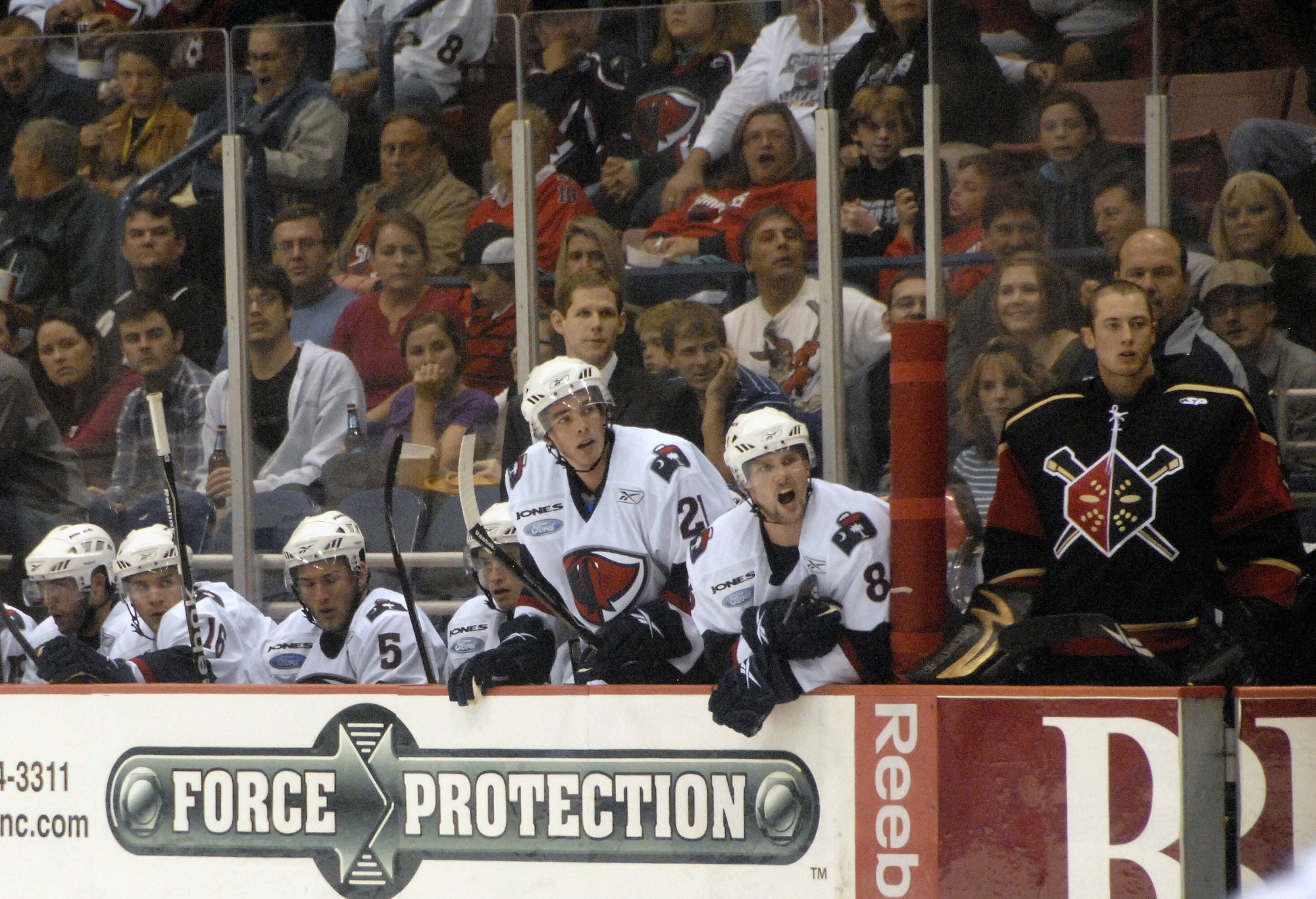 Defenseman Dylan Yeo cheers on the South Carolina Stingrays hockey team during their military appreciation night at the North Charleston Coliseum Oct. 16. The event was held on the team's opening night with free tickets provided to military members serving at bases throughout South Carolina. (U.S. Air Force photo/Staff Sgt. Daniel Bowles)