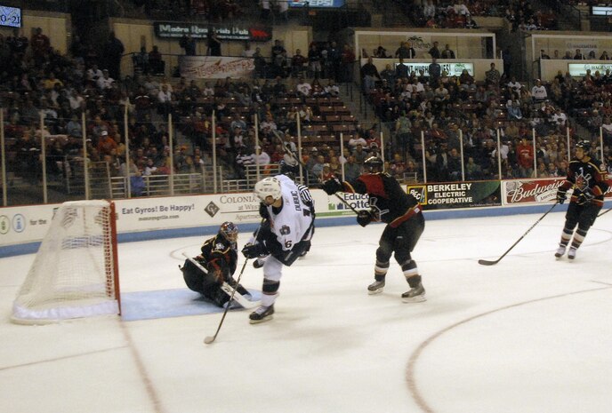 Forward Michael Dubuc scores a second goal for the South Carolina Stingrays hockey team in the first period during their military appreciation night at the North Charleston Coliseum Oct. 16. The Stingrays played strong against the Wheeling Nailers in the first period giving them a 4-1 lead going into the second period. The Stingrays won 5-4. (U.S. Air Force photo/Staff Sgt. Daniel Bowles)