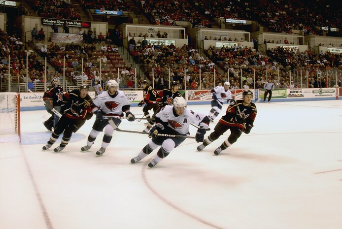 Members of the South Carolina Stingrays and Wheeling Nailers hockey teams dart away from the goal after the puck during the Stingrays military appreciation night Oct. 16. More than 5,000 fans attended the night's event with more than 1,000 free tickets provided to military personnel. The Stingrays won 5-4. (U.S. Air Force photo/Staff Sgt. Daniel Bowles)