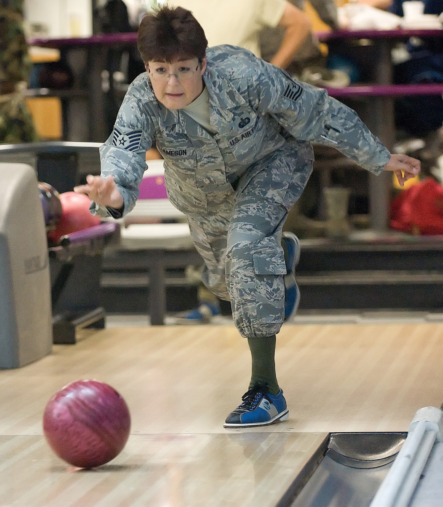 Tech. Sgt. Elvira Jameson, Air Force Mortuary Affairs Operations Center, bowls at Eagle Lanes Bowling Center Oct. 16 during Wing Sports Day. Team Dover Airmen participated in competitions including bowling, dodge ball and basketball. (U.S. Air Force photo/ Jason Minto)

