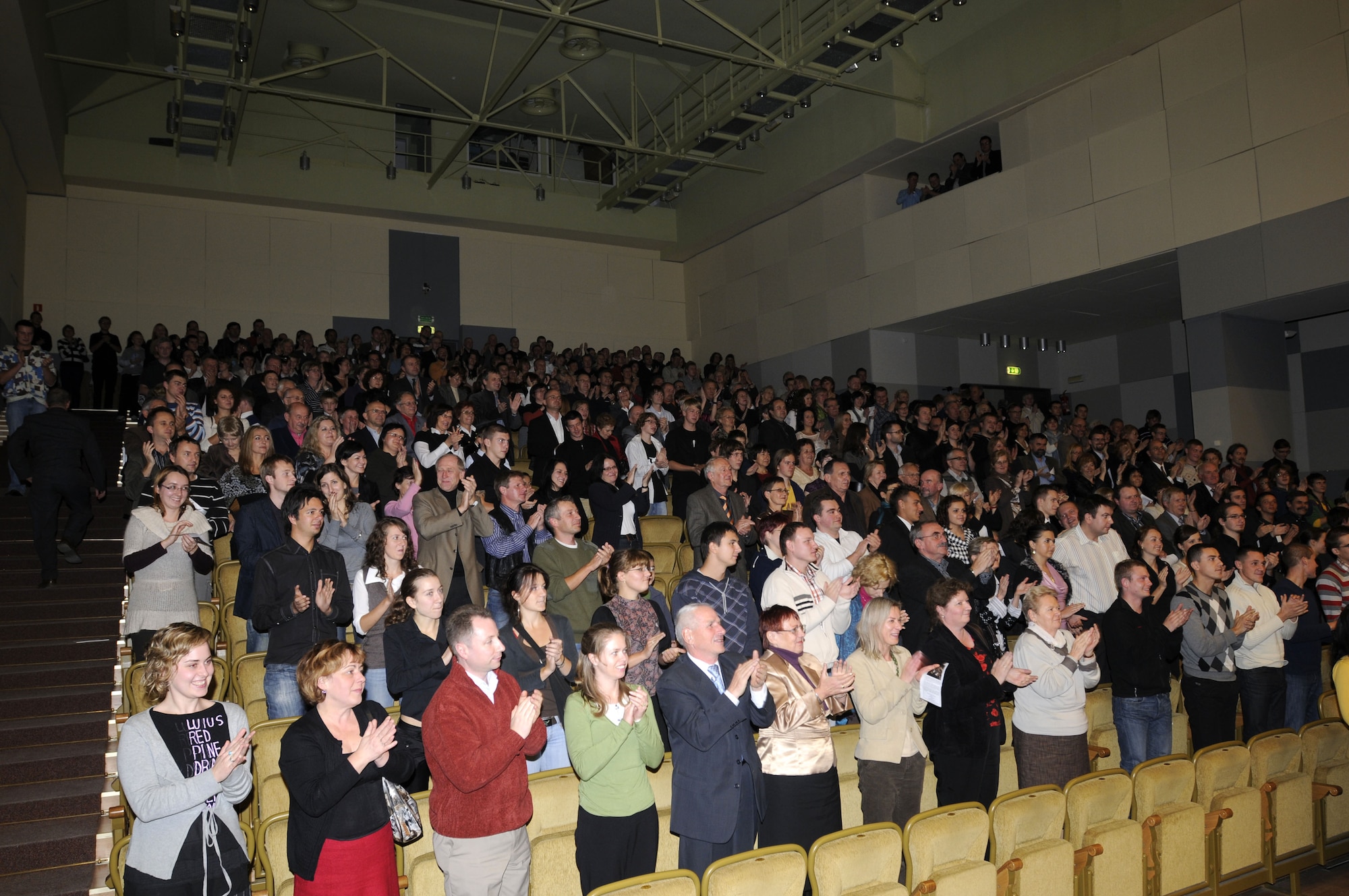 WROCLAW, Poland – A crowd of about 500 people give a standing ovation to the U.S. Air Forces in Europe Band after their performance at the Downbeat Filharmonia im. Witolda Lutoslawskiego here Oct. 20.  The 41-piece band performed a two-hour concert as part of a six concert series in Poland to support Gen. Roger Brady’s, USAFE commander, international relations program in partnership with the U.S. State Department.  (U.S. Air Force photo/Master Sgt. Kelley J. Stewart)