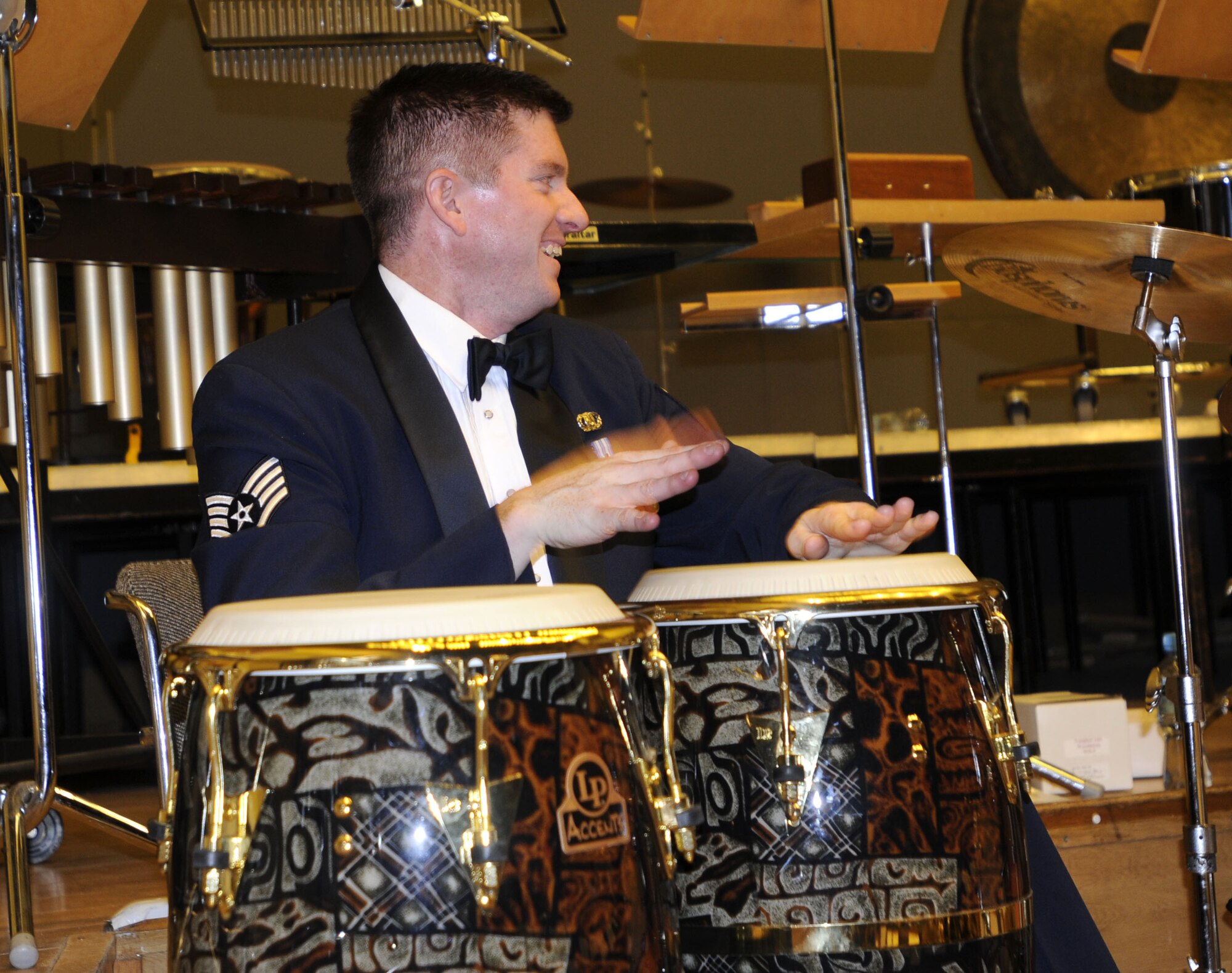 WROCLAW, Poland – Tech. Sgt. Robert Browning, plays the congas during a jazz number at the Downbeat Filharmonia im. Witolda Lutoslawskiego here Oct. 20 for a crowd of about 500 people.  The 41-piece U.S. Air Forces in Europe Band will perform six concerts in Poland in support of Gen. Roger Brady’s, USAFE commander, international relations program in partnership with the U.S. State Department.  (U.S. Air Force photo/Master Sgt. Kelley J. Stewart)