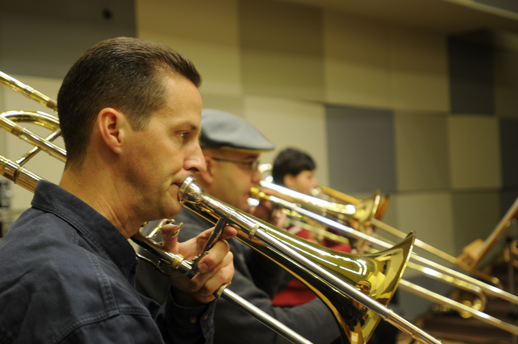 WROCLAW, Poland – The U.S. Air Forces in Europe Band’s trombone section rehearses prior to the band’s concert here at the Downbeat Filharmonia im. Witolda Lutoslawskiego Oct. 20.  The 41 piece concert band is performing six concerts in Poland in support of Gen. Roger Brady’s, USAFE commander, international relations program in partnership with the U.S. State Department.  (U.S. Air Force photo/Master Sgt. Kelley J. Stewart)