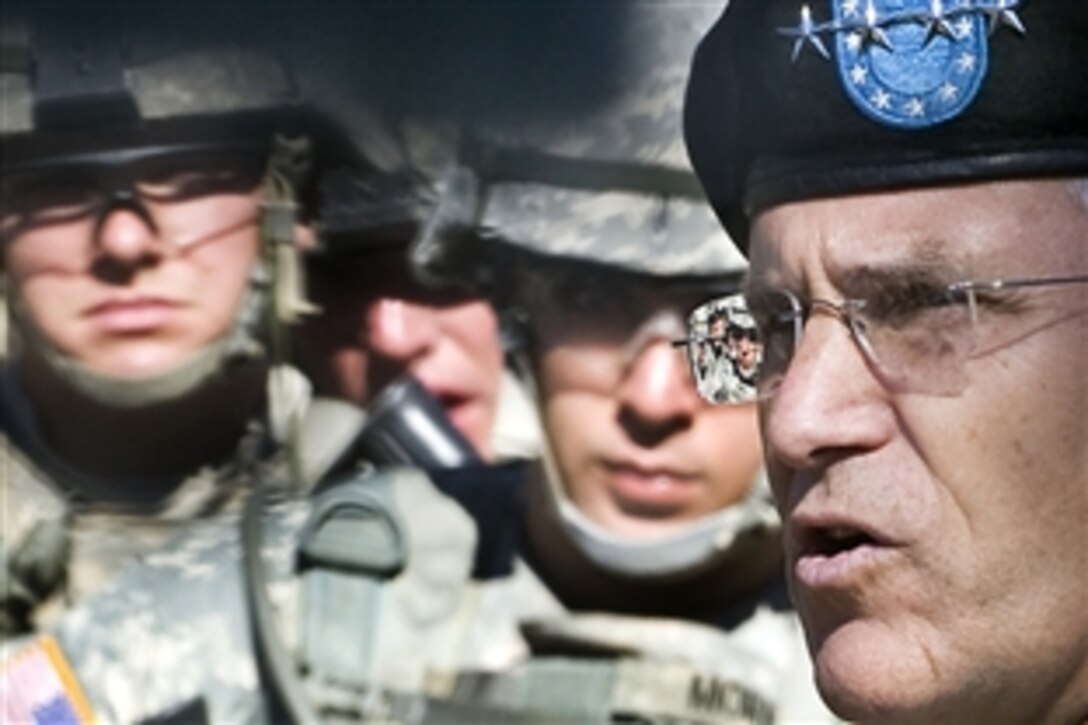 Army Chief of Staff Gen. George W. Casey Jr. talks with soldiers on Fort Benning, Ga., Oct. 20, 2009.  