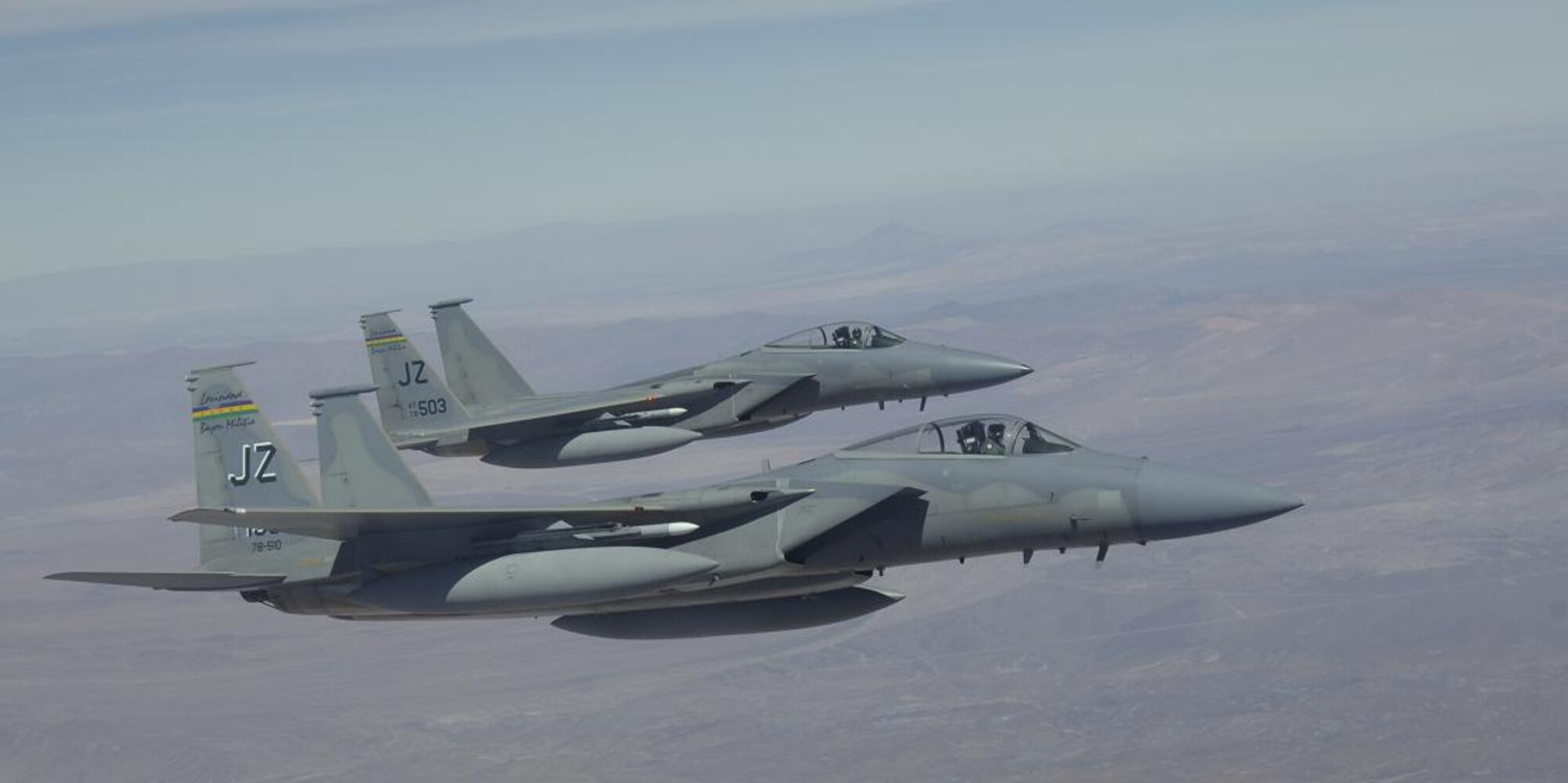 IQUIQUE, Chile – A pair of F-15s with the 159th Fighter Wing fly in a wingtip formation off the wing of a KC-135 Stratotanker during a refueling mission Oct. 22. The Fuerza Aérea de Chile or FACh hosted the United States, Brazil, Argentina, and France during Exercise SALITRE II, a multinational exercise focused on interoperability. (U.S. Air Force photo by Tech. Sgt. Eric Petosky)