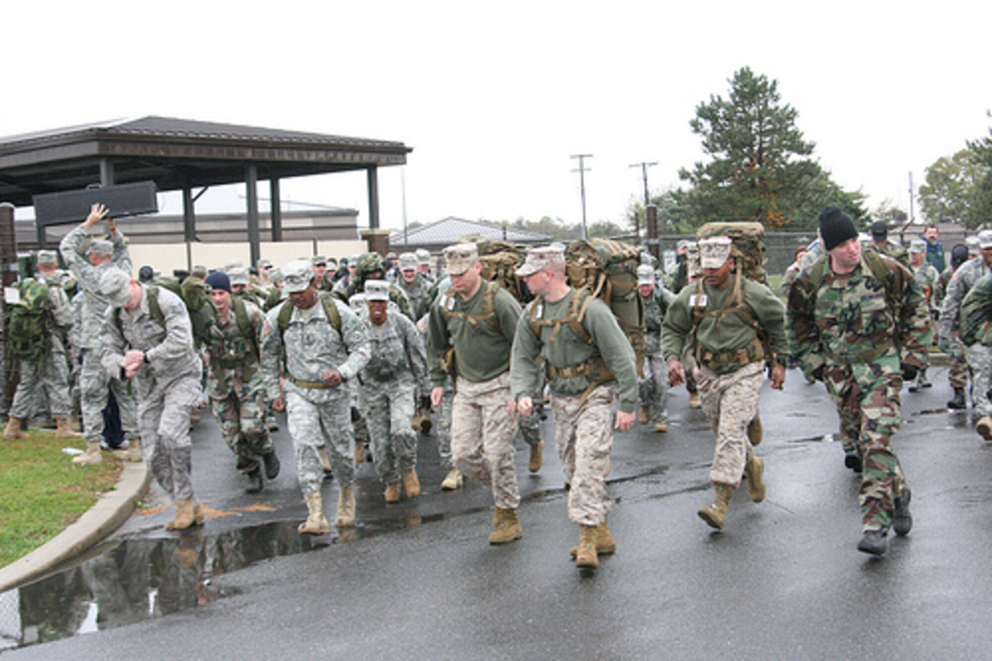 Members of the Army, Marines, Air Force and Civil Air Patrol participated in the First Sergeants Council Third Annual Ruck March at Joint Base  McGuire-Dix-Lakehurst. The event was held in honor of the Gold Star Mothers, an organization made up of mother who lost a son or daughter in war. (U.S. Air Force courtesy photo)