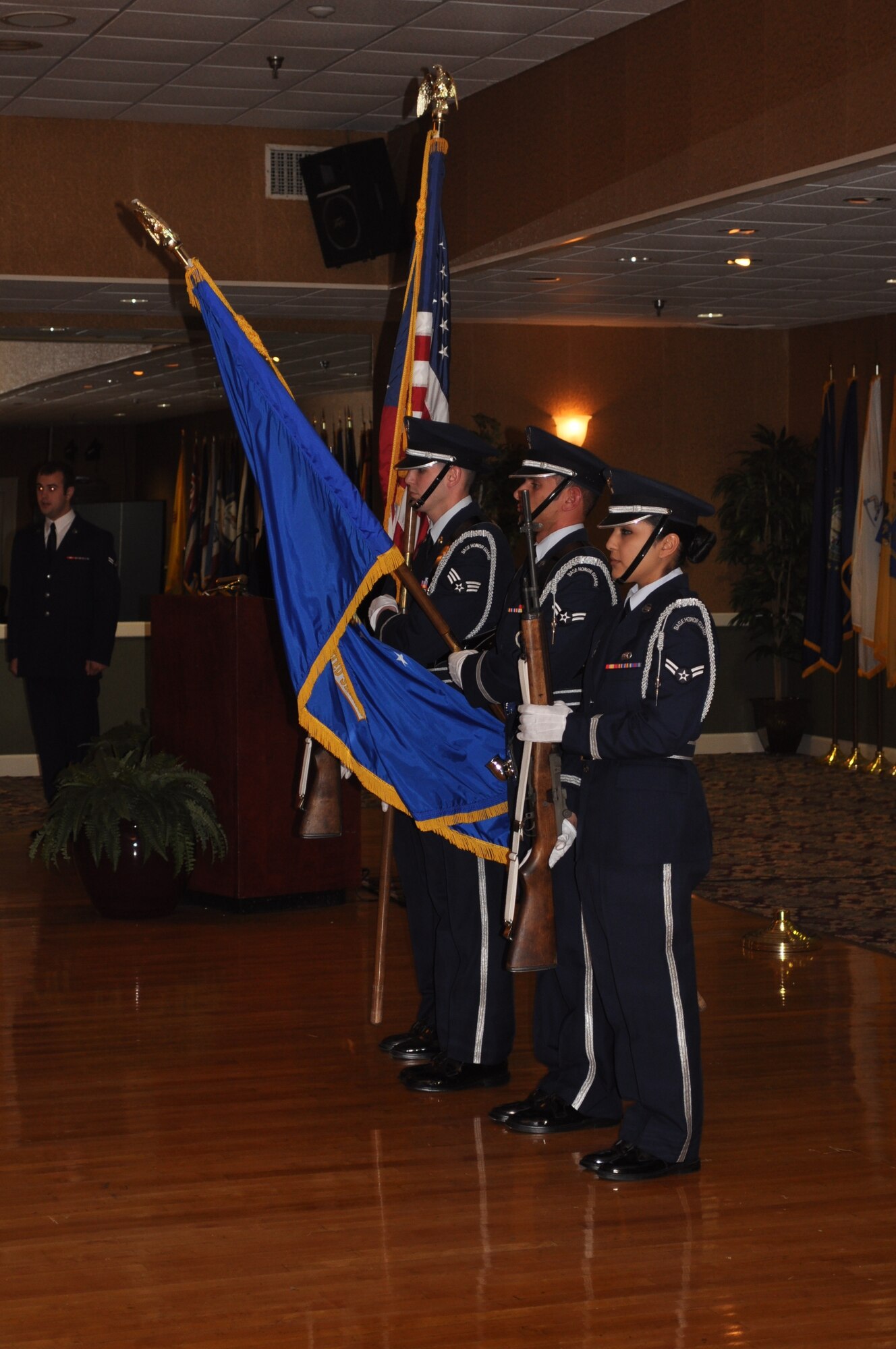 The Honor Guard performs duties during the 49th Fighter Squadron Association banquet at the Columbus Club. (U.S. Air Force photo/Sonic Johnson).
