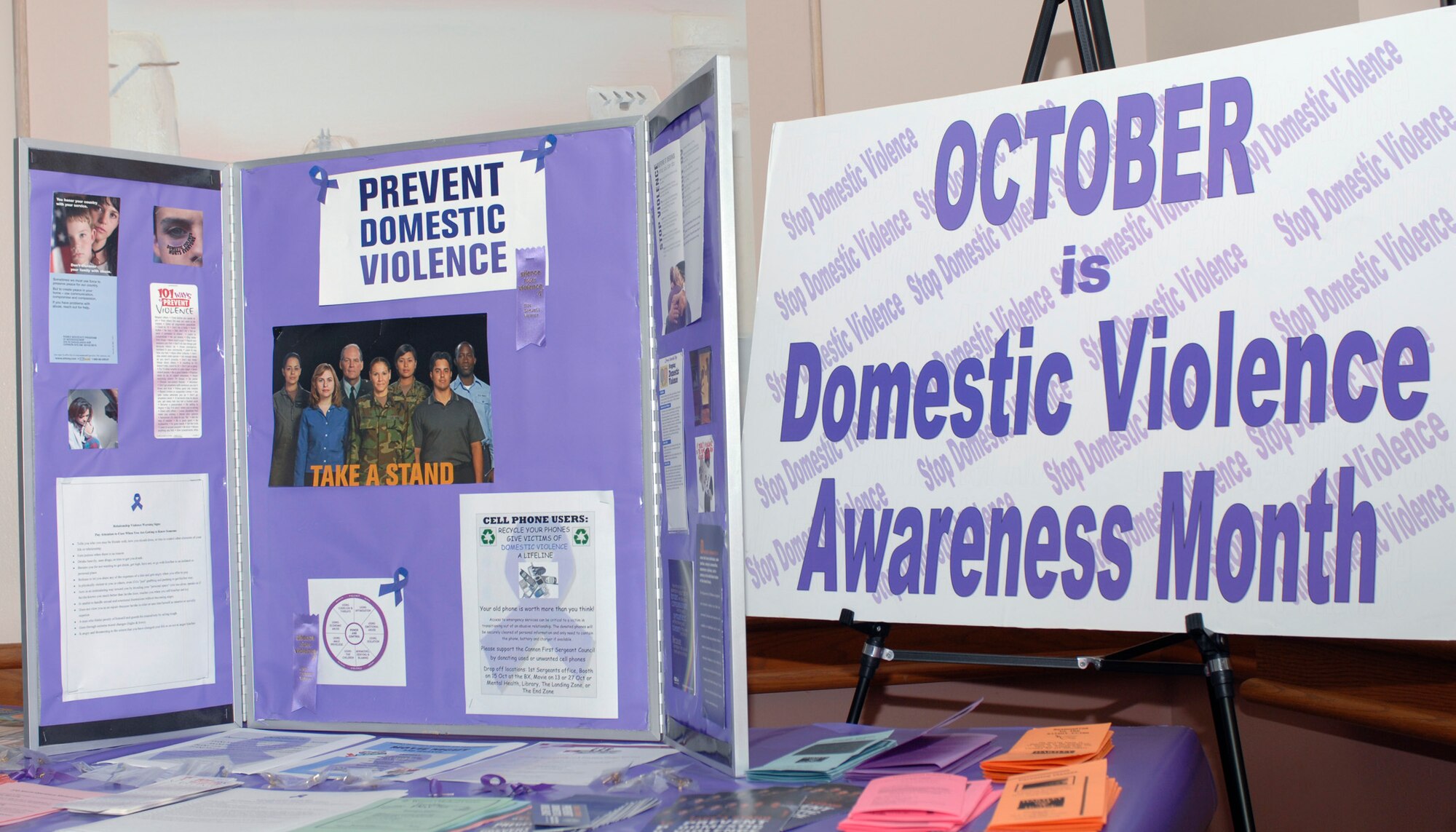 CANNON AIR FORCE BASE, N.M.- -A  display highlighting domestic violence is on display at the atrium of the medical clinic Oct 21. A f free movie about domestic violence movie will be shown on Oct.27 at 6:30 p.m. at the theatre. Following the movie, a victim of domestic violence will address the audience. (U.S. Air Force photo by Airman 1st Class James Bell) 