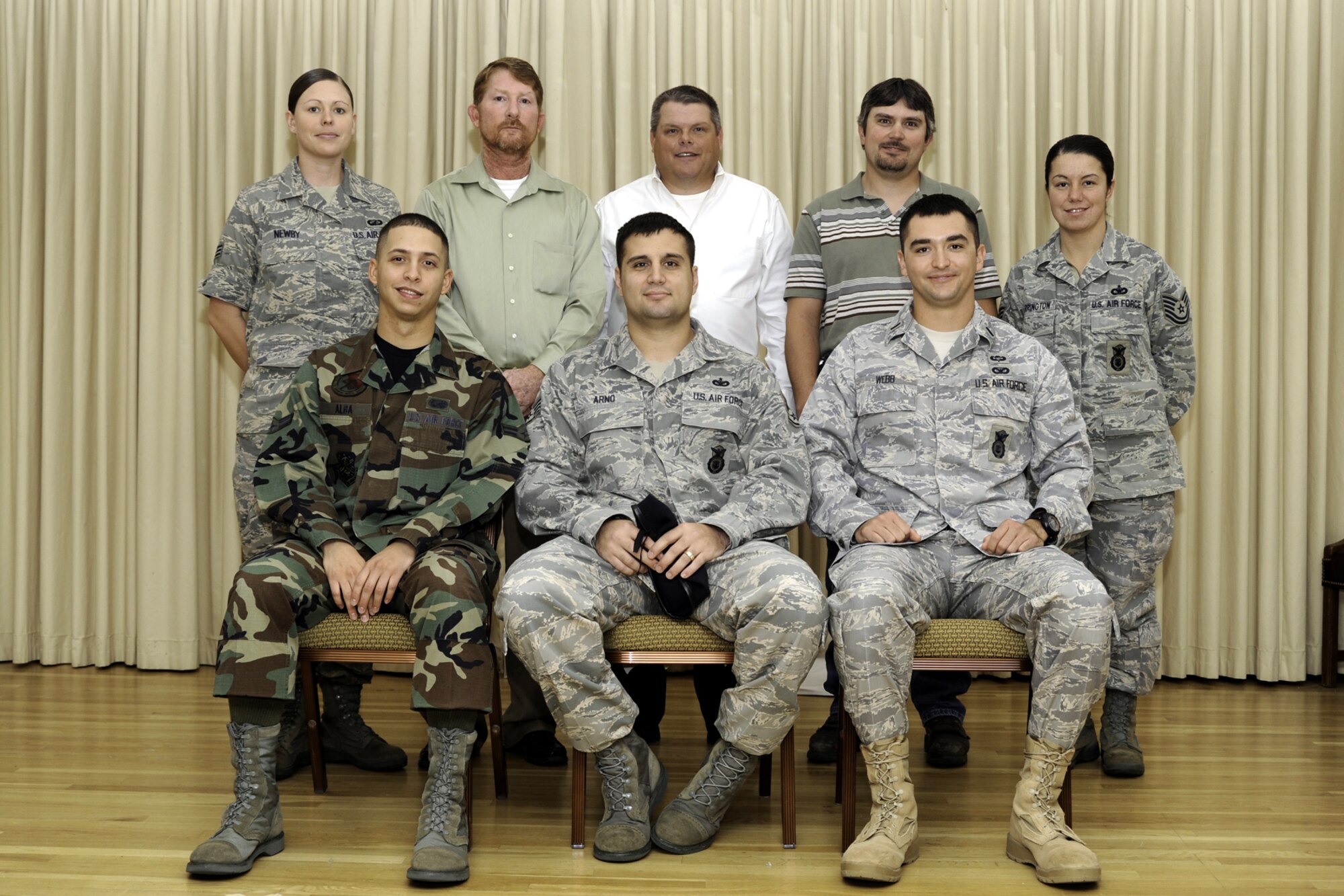 The 3rd Quarter 2009 award winners for Malmstrom were announced at a breakfast in their honor at the Grizzly Bend Club Oct. 20. Pictured are (left to right):, Senior Airman Tobey Newby, Airman of the Quarter: Mark Jefferson, Civilian Category II; Steve Gillman, Civilian Supervisory Category II; Joseph Beard, Civilian Supervisory Category I; and Tech. Sgt. Lakisha Carrington, from the Professional Team of the Quarter, the 341st Security Forces Support Squadron Keys and Codes Control Center; (seated left to right) are: Airman 1st Class Emmanuel Alba, Honor Guard member of the quarter; Staff Sgt. Gary Arno, also from the Professional Team of the Quarter; and 1st Lt. Joshua Webb, Company Grade Officer of the Quarter. Not pictured but also selected are Mark Coleman, Civilian of the Quarter Category I; Tech. Sgt. Stephanie Doub, NCO of the Quarter; and Senior Master Sgt. Alfred Hampton, Senior NCO of the Quarter. (U.S. Air Force photo/Beau Wade)