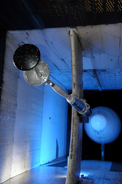 The Orion crew module and launch abort system model as it appeared in one configuration during the aerodynamic effects testing it underwent recently in Arnold Engineering Development Center’s Propulsion Wind Tunnel’s 16-foot transonic wind tunnel. (Photo by Rick Goodfriend)