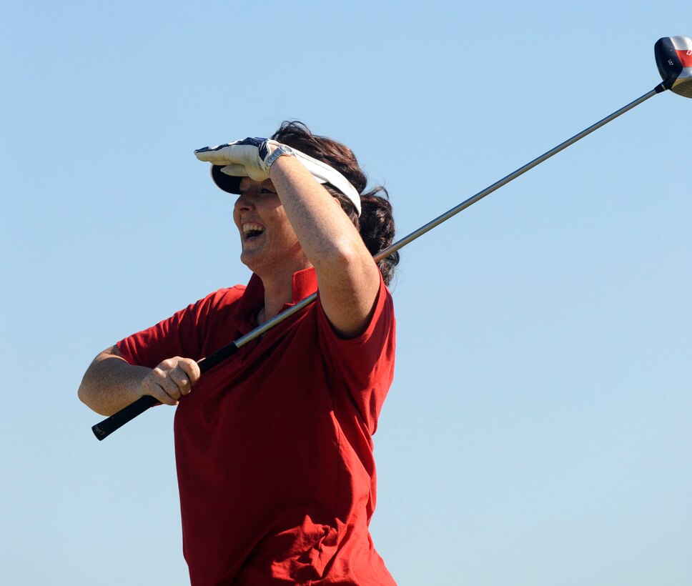 LANGLEY AIR FORCE BASE, Va. - Sgt. Dawn Buckley, British Army Ladies Golf Team member, surveys her long drive during the match here Oct. 21. The team tours biennially; this year the team competed at three Virginia military installations. (U.S. Air Force photo/ Senior Airman Dana Hill)
