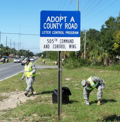 FORT WALTON BEACH, Fla. - Members of the 505th Command and Control Wing pick up debris from the side of James Lee Road on Oct. 16. The 505th CCW adopted the road in the Adopt-A-County Road program and comes out every few months to keep it clean. (U.S. Air Force photo by Noel Getlin) 