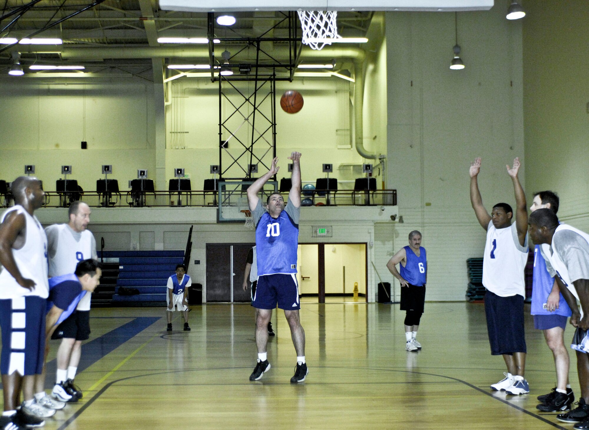 ELMENDORF AIR FORCE BASE, Alaska -- Gary Birge, Army Corps of Engineers,  shoots one of his two foul shots during an over 30 year-old league game Oct. 21. The 3rd Civil Engineer Squadron beat the ACE 73-55. (U.S. Air Force photo/Airman 1st Class Christopher Gross) 
