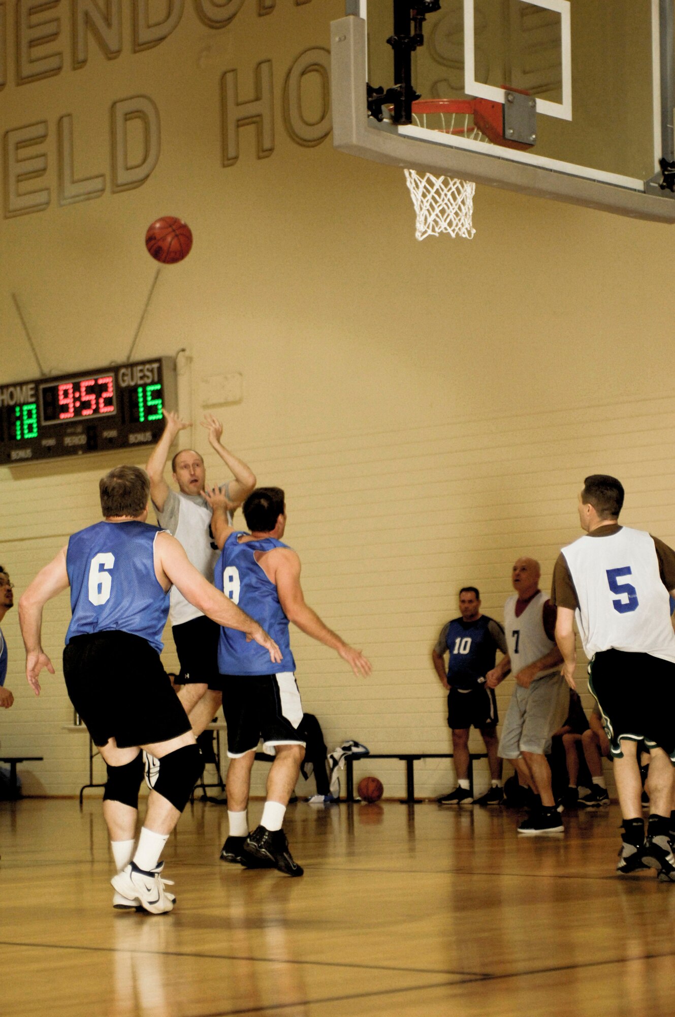 ELMENDORF AIR FORCE BASE, Alaska -- Craig Vowholdt, 3rd Civil Engineer Squadron,  attempts a shot during an over 30 year-old league game Oct. 21. The 3rd CES beat the Army Corps of Engineers 73-55. (U.S. Air Force photo/Airman 1st Class Christopher Gross) 