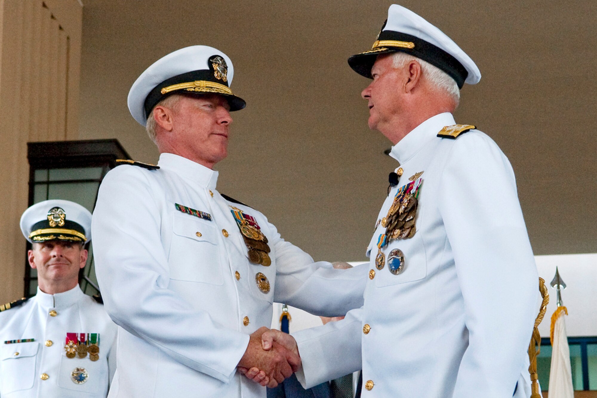 091019-N-0696M-269
U.S. Navy Adm. Timothy Keating, is relieved of duty by U.S. Navy Adm. Robert F. Willard at the PACOM change-of-command ceremony, Camp Smith, Hawaii, Oct. 19, 2009. (DoD photo by Mass Communication Specialist 1st Class Chad J. McNeeley/Released)