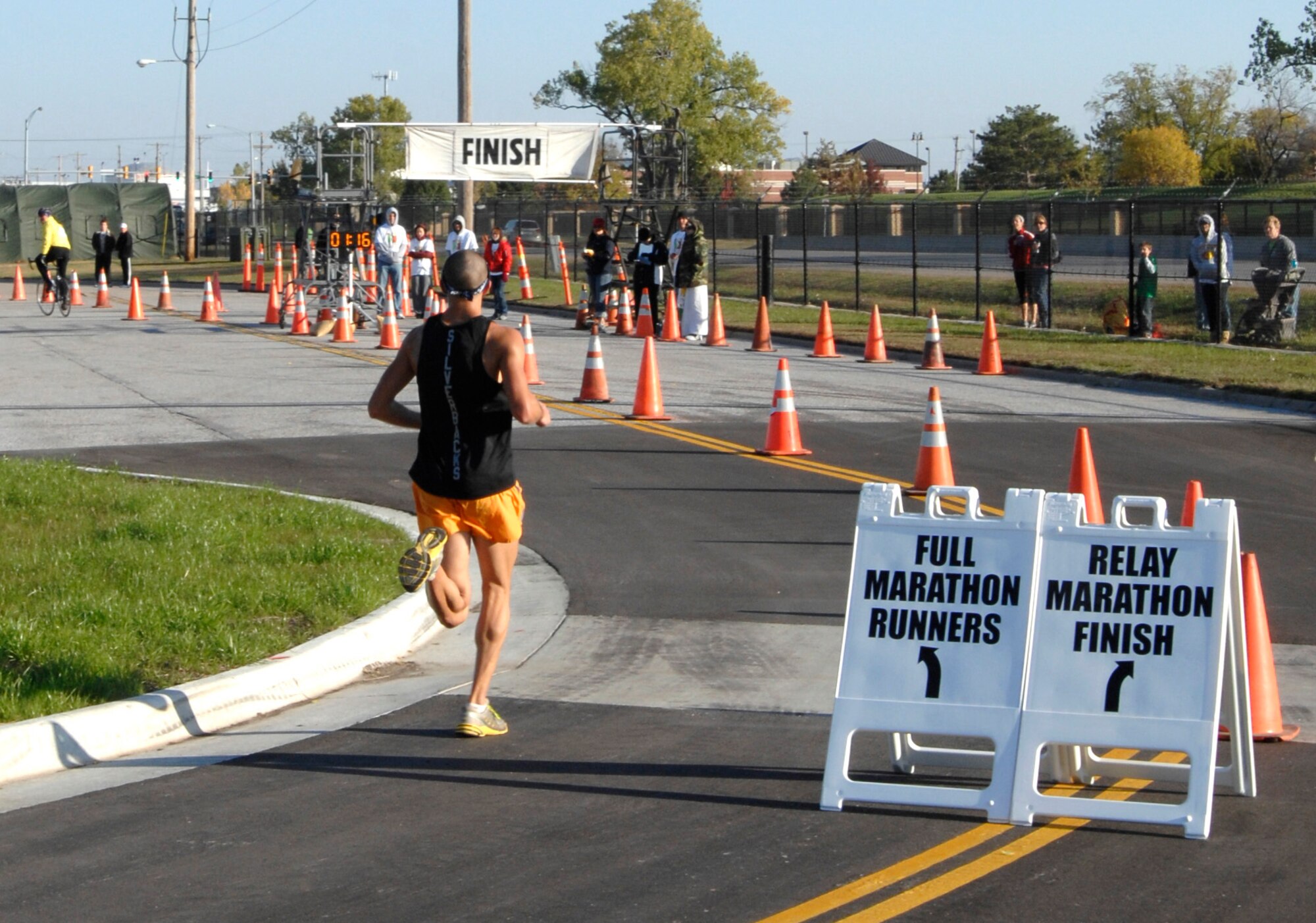 Jonathan Garrett, a Lansing, Kan., native, leads the 30th annual Heart of Wichita Marathon, Oct. 18, 2009, through McConnell Air Force Base, part of the 26-mile race course. Mr. Garrett, 24, placed first overall with a run-time of two hours and 39 minutes. (U.S. Air Force photo/Senior Airman Laura Suttles)