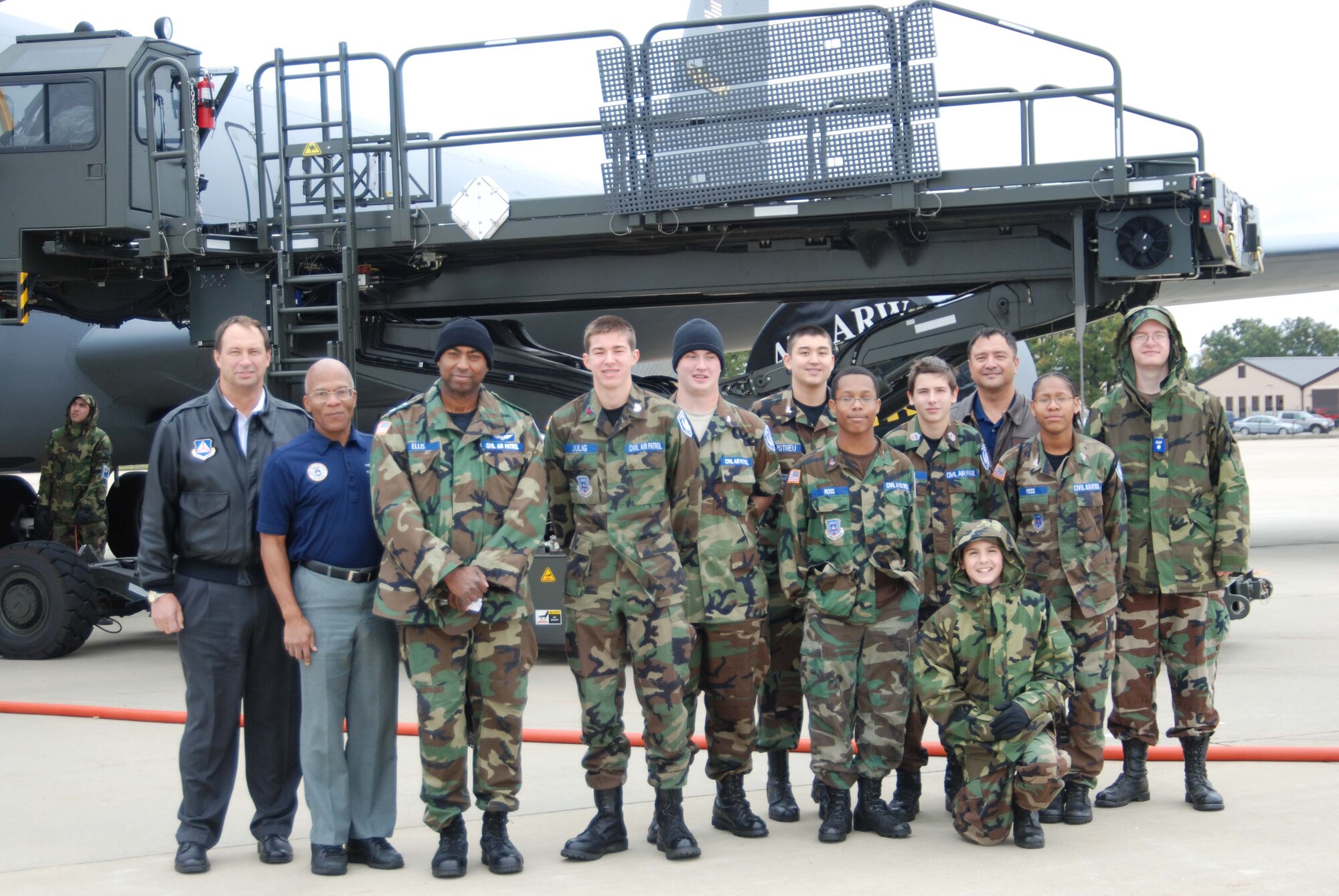 The National Captial Region Civil Air Patrol visited the 459th Air Refueling Wing for a tour of a KC-135 and a demonstraton by the 69th Aerial Port Squadron Saturday. The CAP is the official civilian auxillary to the United States Air Force with more than 50 chapters located nationwide.  (U.S. Air Force Photo/ Senior Airman Sasha S. Skrine)