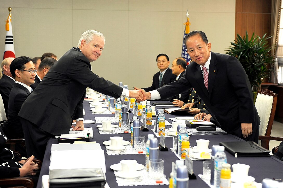 U.S. Defense Secretary Robert M. Gates attends a plenary session with South Korea's Defense Minister Kim Tae-young at the Ministry of Defense in Seoul, South Korea, Oct. 22, 2009.
