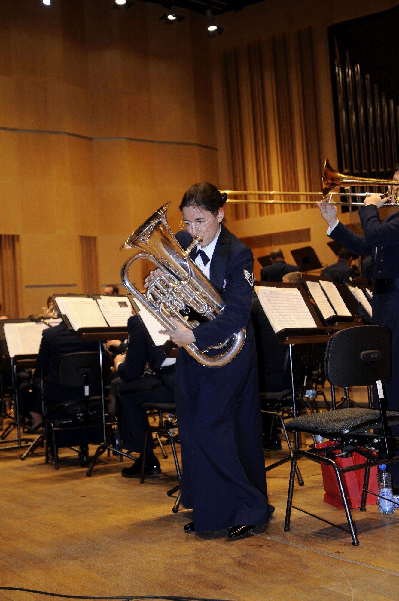 OPOLE, Poland – Staff Sgt. Meredith Healy, euphonium player and operations representative, twirls during a Glenn Miller medley encore here Oct. 21 at the Filharmonia Opolska im. Jozefa Elsnera.  Sergeant Healy coordinated the U.S. Air Forces in Europe Band’s trip to Poland to perform six concerts in six days Oct. 20-25.  The concert series is in support of the USAFE commander’s, Gen. Roger Brady, international relations program in partnership with the U.S. State Department to help commemorate 90 years of Polish-American cooperation.  (U.S. Air Force photo/Master Sgt. Kelley J. Stewart)