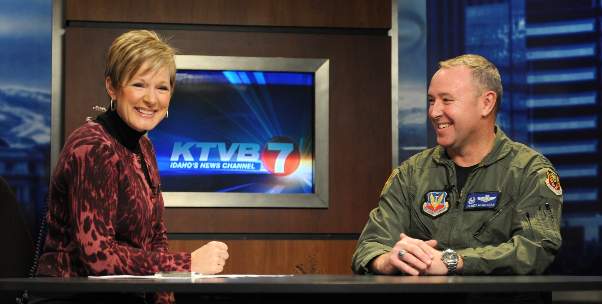 BOISE, Idaho -- Col. James McGovern, 366th Operations Group commander, is interviewed by Carolyn Holly, Channel 7 news anchor, at the KTVB studio in Boise Oct. 22. Col. McGovern's interview aired on the noon show where he spoke about Mountain Roundup. Mountain Home Air Force Base's large-force exercise runs from Oct. 15 through Oct. 30 and includes participants from the German air force, U.S. Air Force, U.S. Navy and U.S. Marine Corps.  (U.S. Air Force photo by Airman 1st Class Debbie Lockhart)
