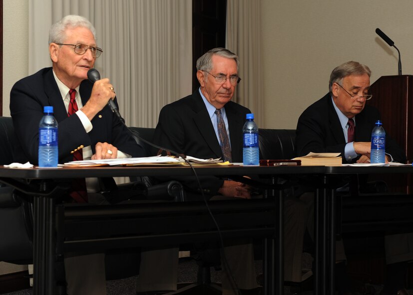 (From left) Retired Col. Billy Batson, retired Lt. Col. Paul "P.T." Webb, retired Col. Bill Deegan John Akers, make up three of the four member panel who shared their experiences about planning and flying air refueling missions for Operation Eagle Claw as part of the Air Mobility Command Tanker "Living Legends" Speaker Series in the Main Conference Room of AMC Headquarters at Scott Air Force Base, Ill., on Oct. 21, 2009. Col. Dave Ziegler, the fourth panel member, was unable to attend the presentation but participated through a pre-made video. (U.S. Air Force Photo/Airman 1st Class Wesley Farnsworth) 