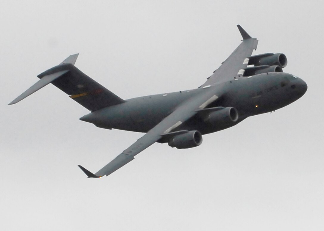 A C-17 Globemaster III makes a sharp bank Oct. 10 during its performance at the 2009 Open House and Air Show at Sheppard Air Force Base. Even though it is one of the largest aircraft in the Air Force's inventory, it displayed incredible maneuverability and capability during the two-day event. (U.S. Air Force photo/Harry Tonemah)