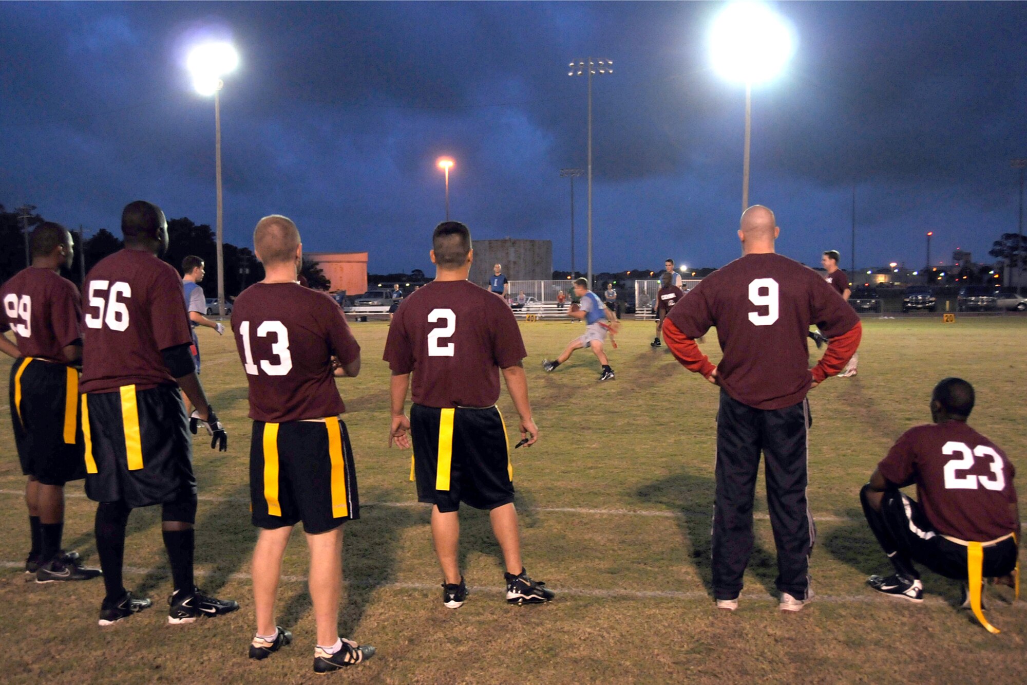 EGLIN AIR FORCE BASE, Fla. -- Members of the 96th Communications Group watch as their teammates defend the goal during an Intramural Flag Football matchup against the 308th Armament Systems Wing, Oct. 22. The 308th team beat the 96th Comm team 23-18 in a nail-biting contest which came down to the final seconds of the game. Games are played every Tuesday and Thursday at the East Gate track beginning at 5:30 p.m. (U.S. Air Force photo/Airman Anthony Jennings)