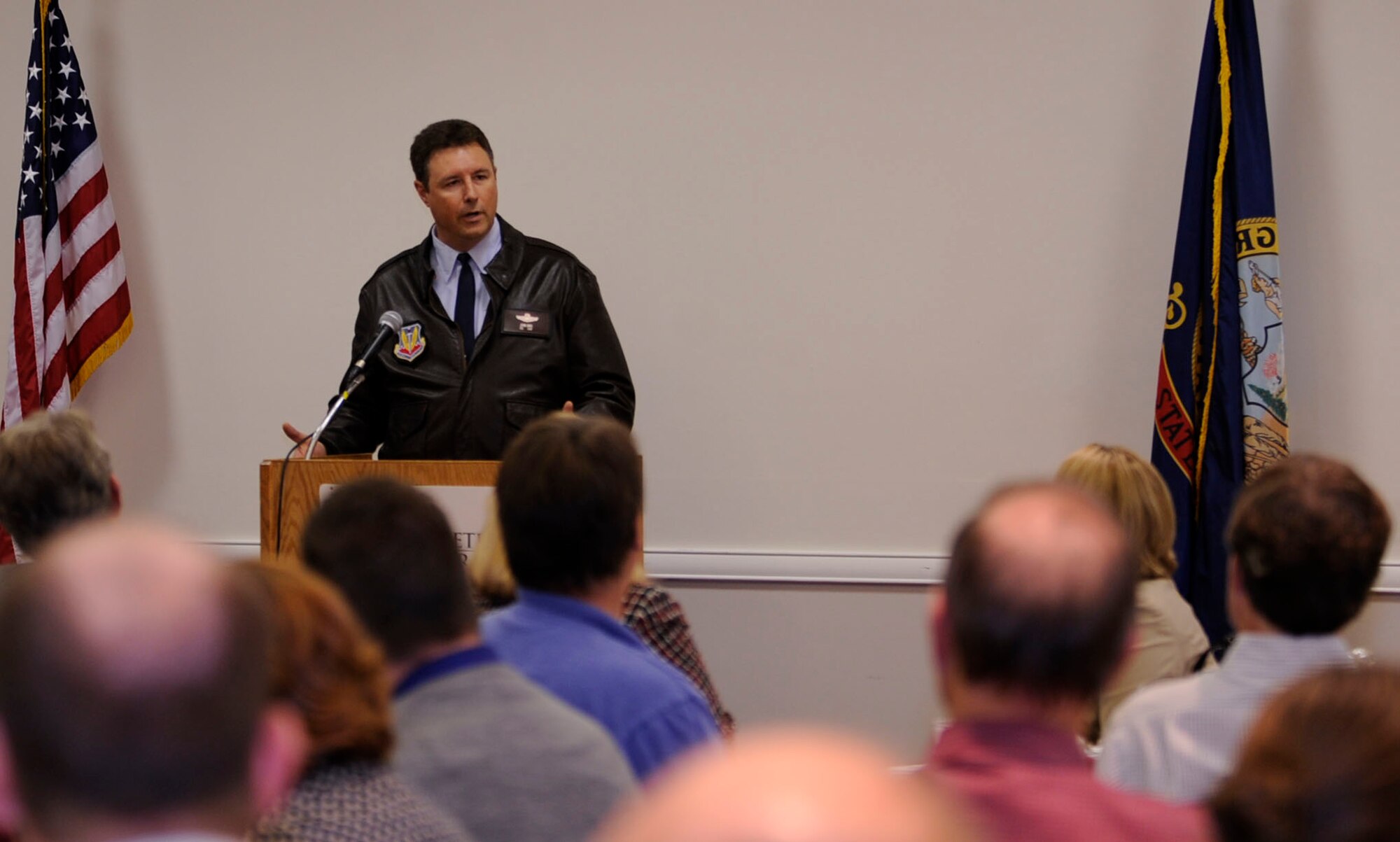 BOISE, Idaho-- Col. John Bird, 366th Fighter Wing commander, addresses of the Boise Chamber of Commerce at the Military Lunch Forum in Boise, Idaho, Oct. 16. Col. Bird discussed the need to attract the F-15 fighter jet to ensure the future of the base, the billion dollar per year economic impact of the base on the regional economy, and information on how outside companies can do business at the base. (U.S. Air Force photo by Airman 1st Class Renishia Richardson)