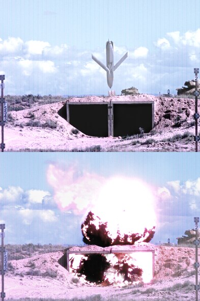 The Joint Air-to-Surface Standoff Missile, or JASSM, is seen during Lot 7 testing prior to impact and the very early phase of the warhead detonation.  The target was a concrete hardened structure slightly buried.  JASSM Reliability Testing was conducted at White Sands Missile Range, N.M., from Sept. 10 - Oct. 4, 2009  