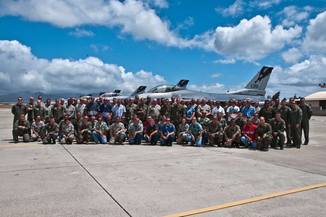 Members of the 144th Fighter Wing pose for a group photo on the last day of Sentry Aloha. Sentry Aloha is an exercise that brings disimilar combat assets to Hickam to train with the Hawaii National Guard. (U.S. Air Force photo by Staff Sgt. Charles P. Vaughn) (Released)