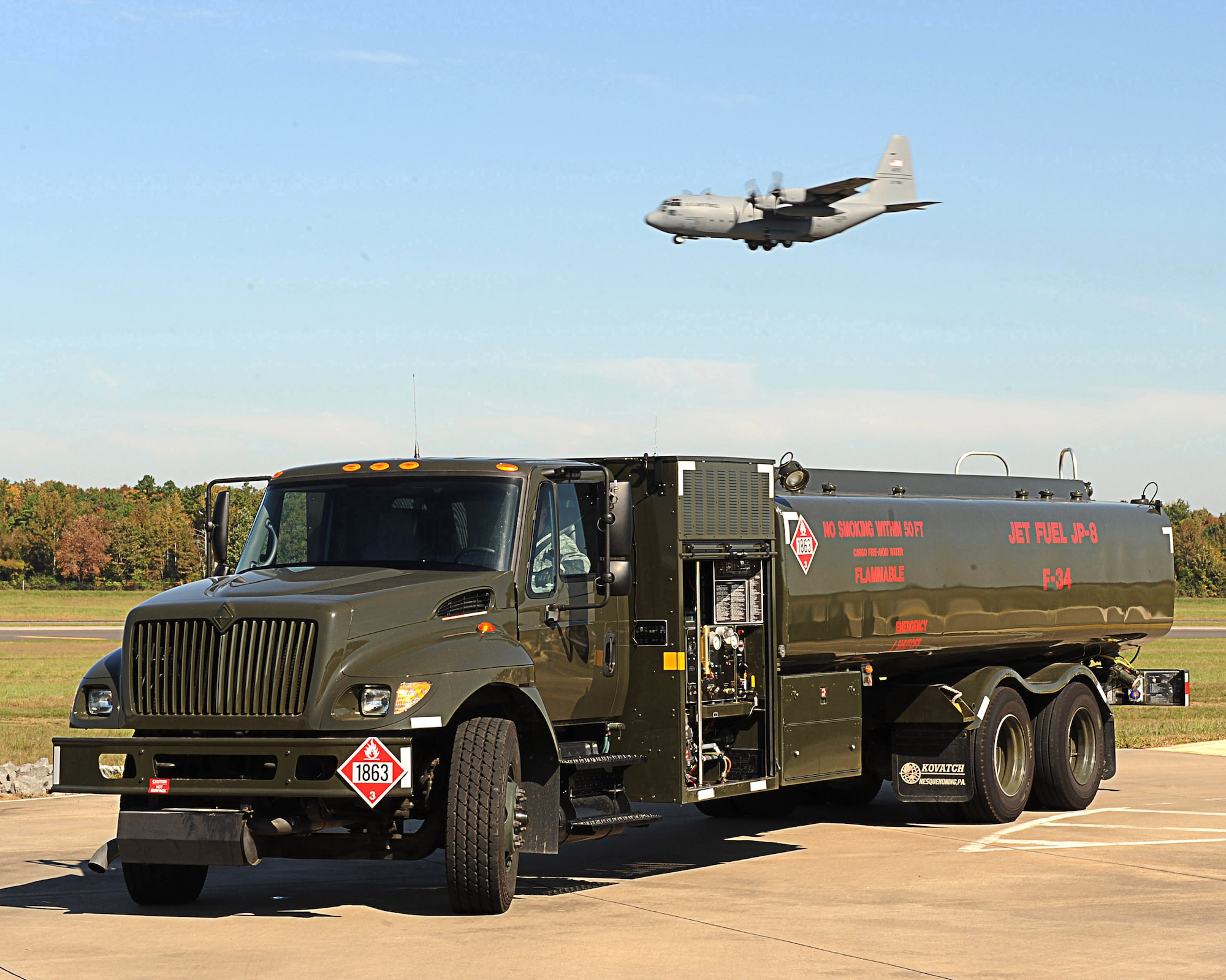 Senior Airman William Ellzey drives an R-11 refueling truck with 6,000 gallons of jet fuel to service the C-130 Hercule fleet Oct. 21, 2009, at Little Rock Air Force Base, Ark. Airman Ellzey is a 19th Logistics Readiness Squadron fuel distribution operator. (U.S. Air Force photo/Staff Sgt. Chad Chisholm) 