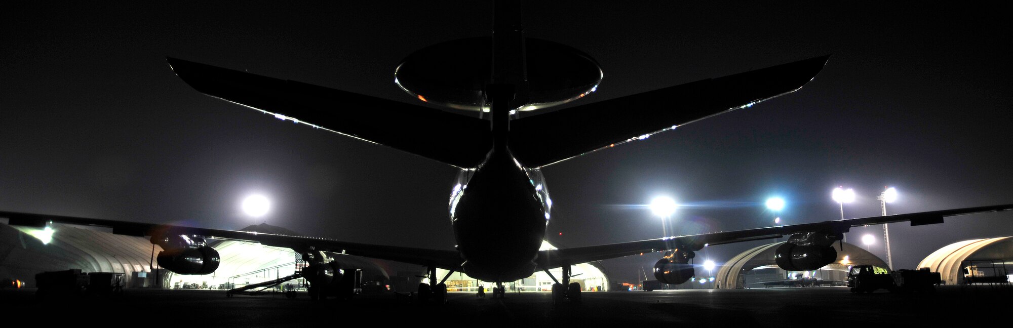 SOUTHWEST ASIA - An E-3 Sentry awaits the next mission in support of Operation Enduring Freedom Oct. 21, 2009. The E-3 Sentry is an airborne warning and control system with an integrated command and control battle management, surveillance, target detection, and tracking platform. (U.S. Air Force photo/Tech. Sgt. Charles Larkin Sr)