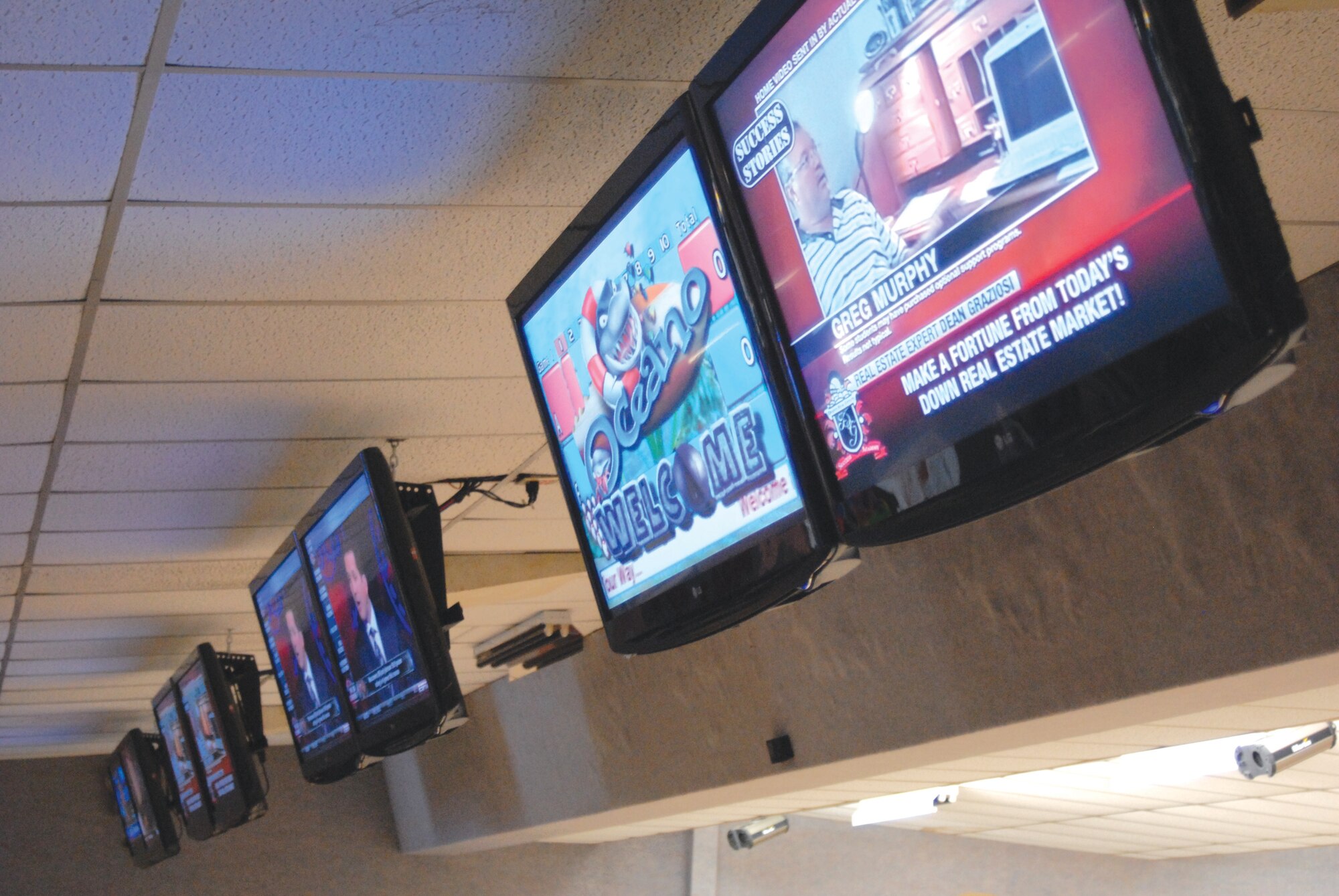Thede Bowling Center’s eight brand new, high definition, 42-inch screens. The screens allow clear graphics to be played during games along with the ability to watch television when lanes are empty. (U.S. Air Force photo by Apolynne McCarthy)