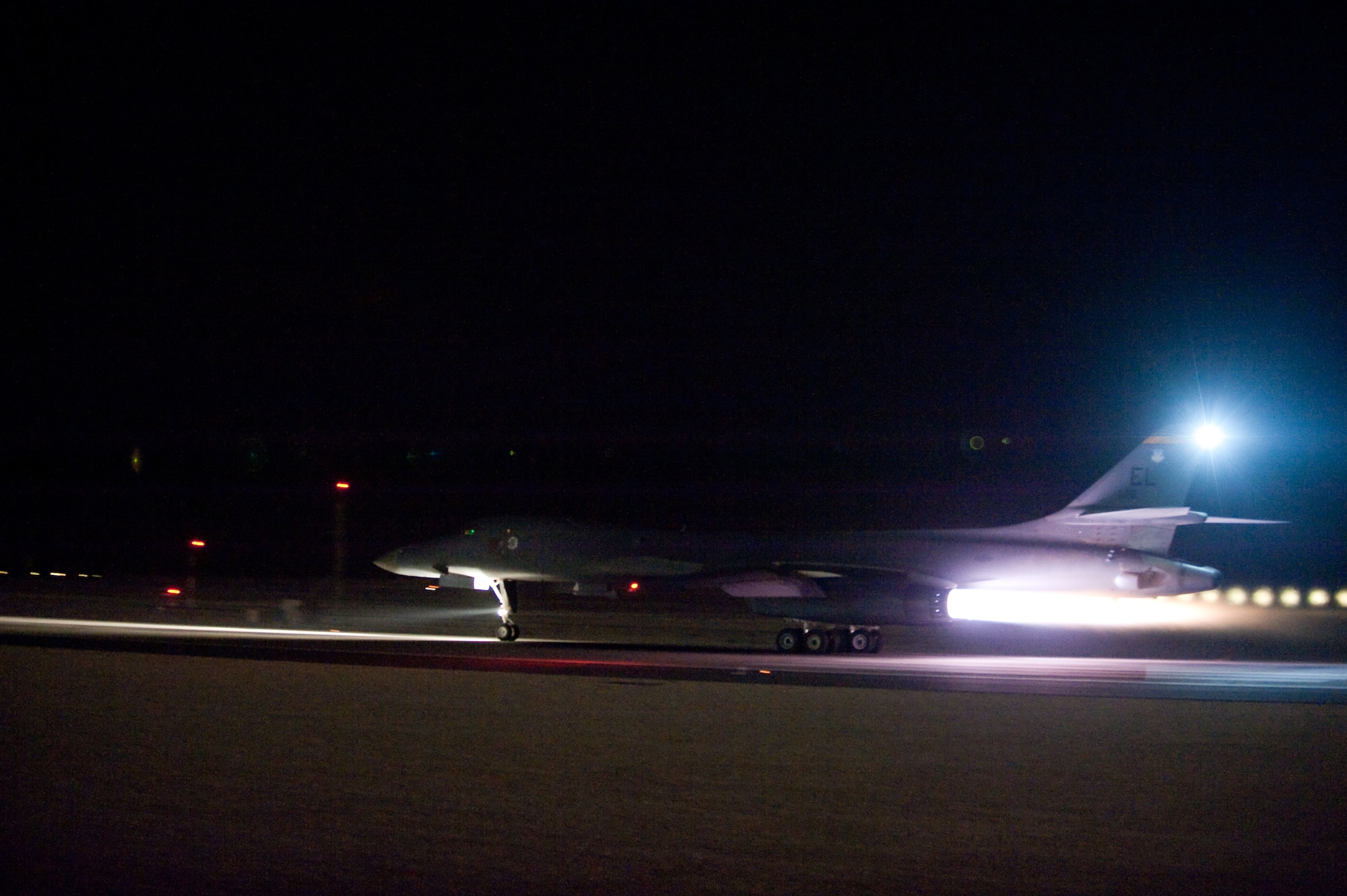A B1-B Lancer takes off from Southwest Asia, Oct. 21, 2009, on a combat mission in the U.S. Central Command area of responsibility. The B-1 is deployed from Ellsworth Air Force Base, S.D., in support of operations Iraqi Freedom and Enduring Freedom. (U.S. Air Force photo/Staff Sgt. Robert Barney) 