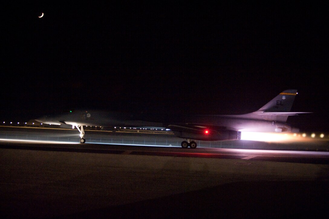 SOUTHWEST ASIA - A B1-B Lancer takes off from Southwest Asia, Oct. 21, 2009, on a combat mission in the U.S. Central Command area of responsibility. The B-1B is deployed from Ellsworth Air Force Base, S.D., in support of operations Iraqi Freedom and Enduring Freedom. (U.S. Air Force photo/Staff Sgt. Robert Barney) 