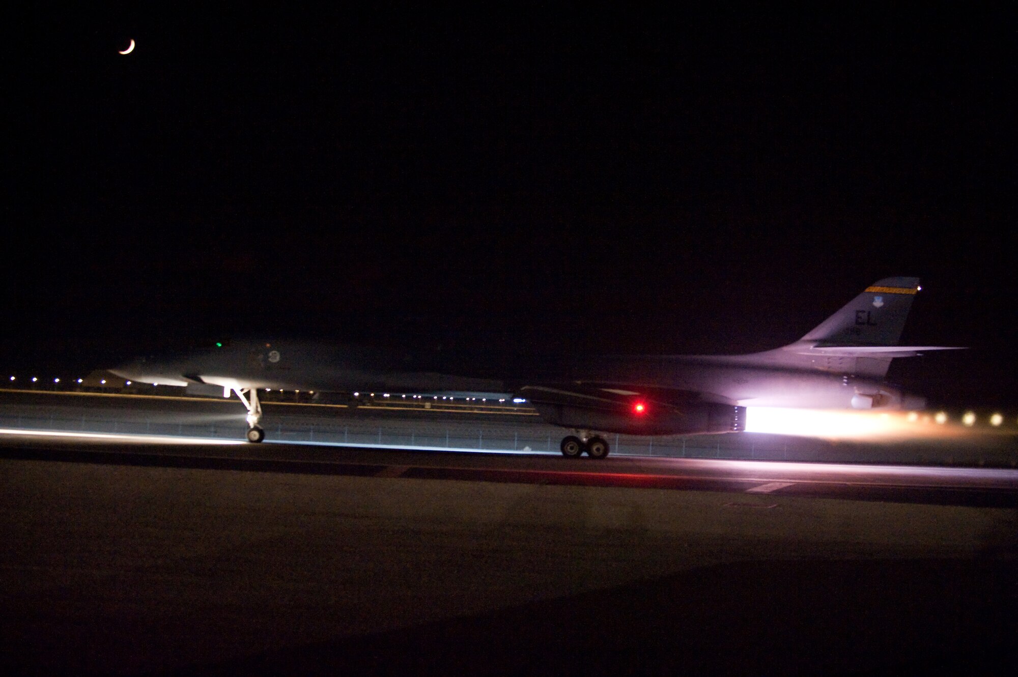 SOUTHWEST ASIA - A B1-B Lancer takes off from Southwest Asia, Oct. 21, 2009, on a combat mission in the U.S. Central Command area of responsibility. The B-1B is deployed from Ellsworth Air Force Base, S.D., in support of operations Iraqi Freedom and Enduring Freedom. (U.S. Air Force photo/Staff Sgt. Robert Barney) 