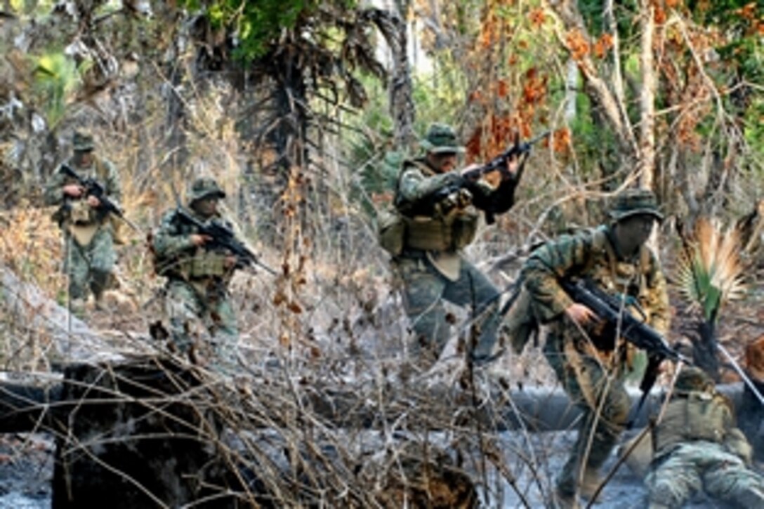U.S. Marines return to their platoon after executing a mock ambush during jungle training in Seisal, Timor-Leste, Oct. 20, 2009. Members of the 11th Marine Expeditionary Unit trained with their Timor-Leste counterparts during an exercise to promote theater cooperation through civic action projects and military interaction.  