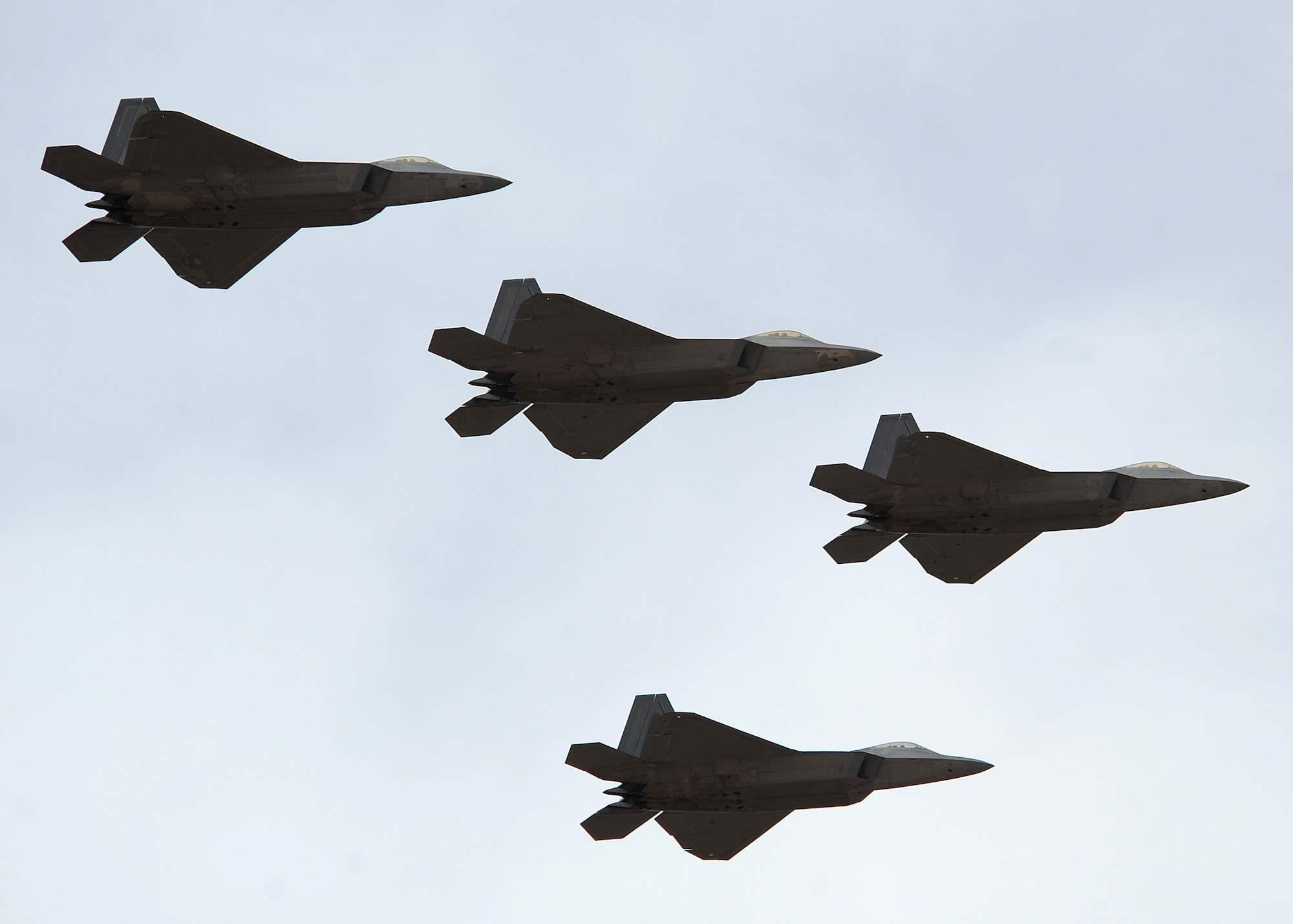 HOLLOMAN AIR FORCE BASE, N.M. -- A four ship of F-22A Raptors performs a flyby over the 2009 open house here Oct. 24. This F-22 flyby was one of many including the T-38 Talon, MQ-9 Reaper, C-17 Globemaster III and German air force Tornado. The open house also featured both military and civilian acts as well as static displays of a variety of aircraft. (U.S. Air Force photo by Senior Airman Michael Means)