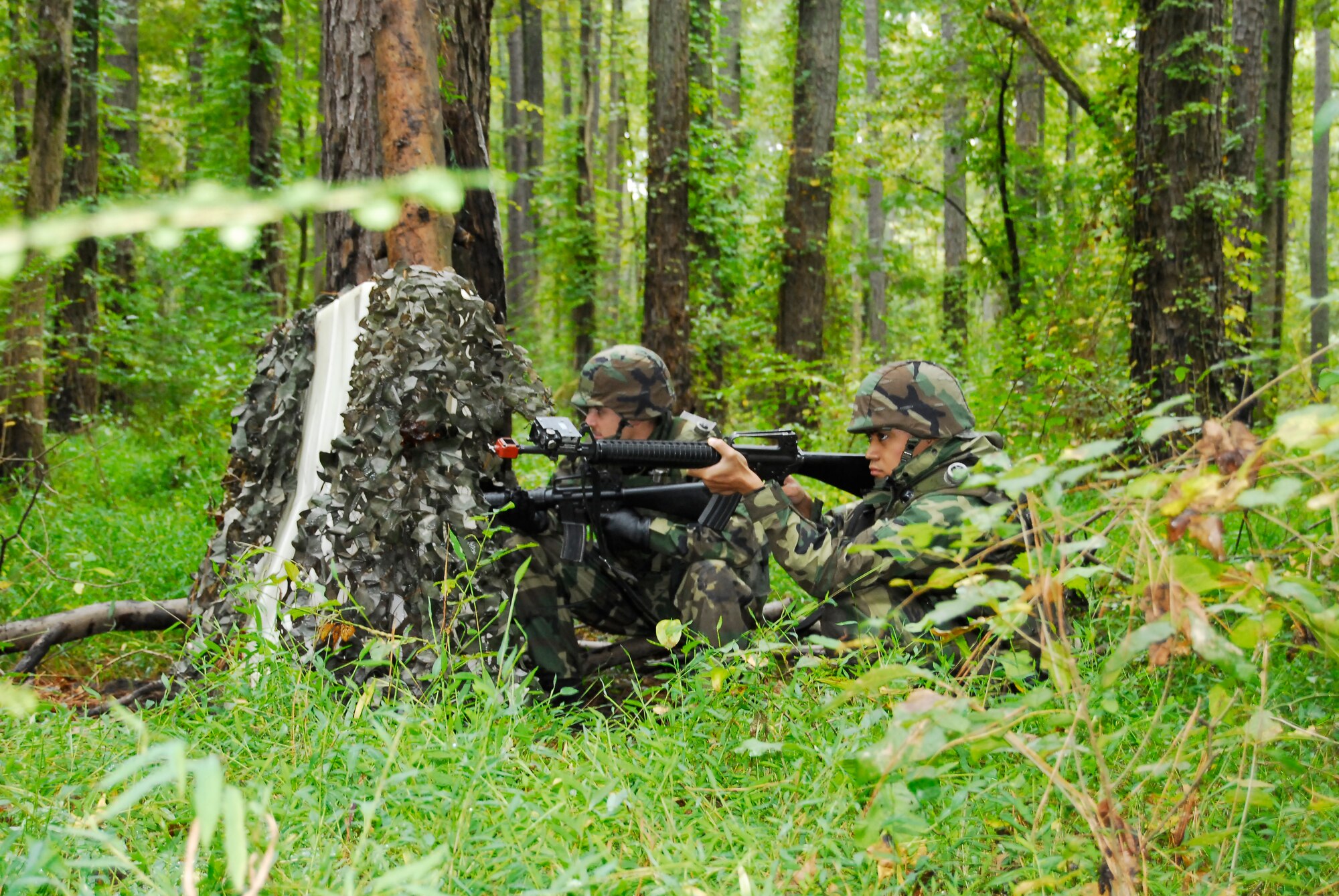 Students in the Expeditionary Combat Skills Training program spend one and a half days outside to practice their skills against an opposing force Oct 15. (U.S. Air Force photo by 2nd Lt. Cammie Quinn)