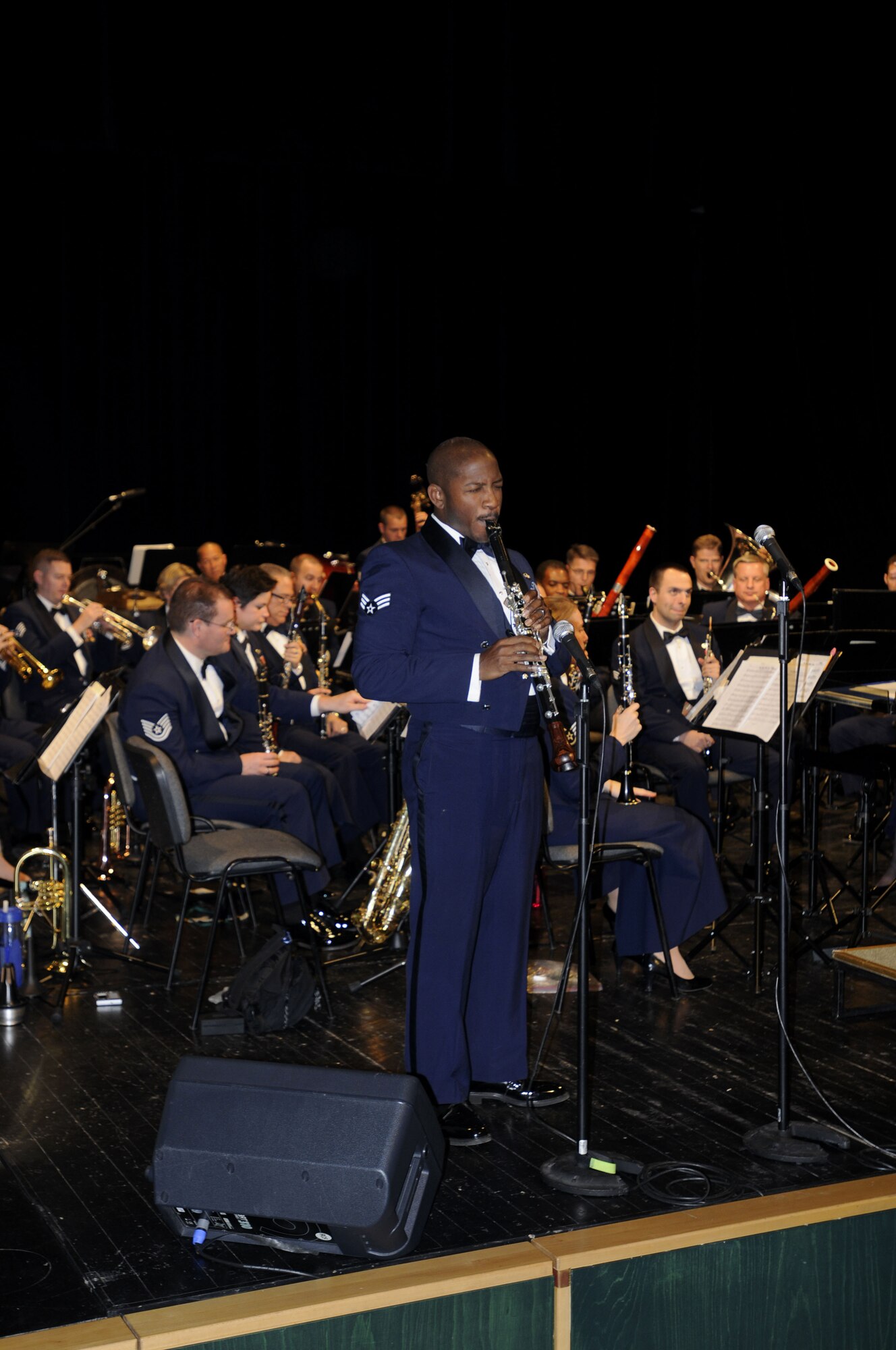 NOWY SACZ, Poland – Senior Airman Cedric Mayfield plays a clarinet solo during the U.S. Air Forces in Europe Band’s encore performance of a Glenn Miller medley here at the Malopolskie Cenrum Kultury Sokol Oct. 22.  The 41-piece USAFE Concert Band is playing six concerts in six days, Oct. 20-25, to commemorate 90 years of Polish-American cooperation as part of Gen. Roger Brady’s, USAFE commander, international relations program in partnership with the U.S. State Department.  (U.S. Air Force photo/Master Sgt. Kelley J. Stewart)