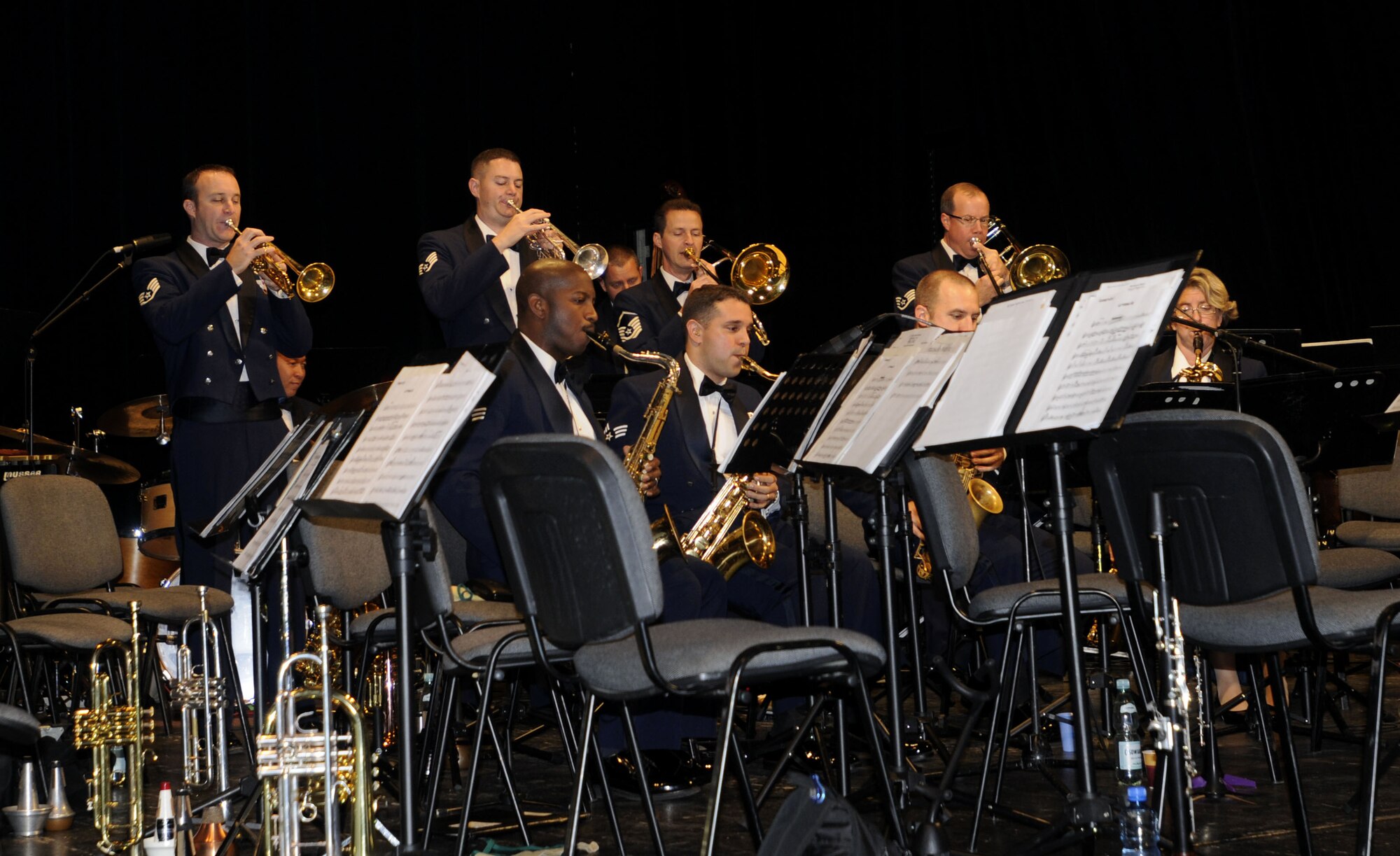 NOWY SACZ, Poland – Check Six, the U.S. Air Forces in Europe Band’s Jazz ensemble, plays a three song set after intermission here at the Malopolskie Cenrum Kultury Sokol Oct. 22.  The 41-piece USAFE Concert Band is playing six concerts in six days, Oct. 20-25, to commemorate 90 years of Polish-American cooperation as part of Gen. Roger Brady’s, USAFE commander, international relations program in partnership with the U.S. State Department.  (U.S. Air Force photo/Master Sgt. Kelley J. Stewart)