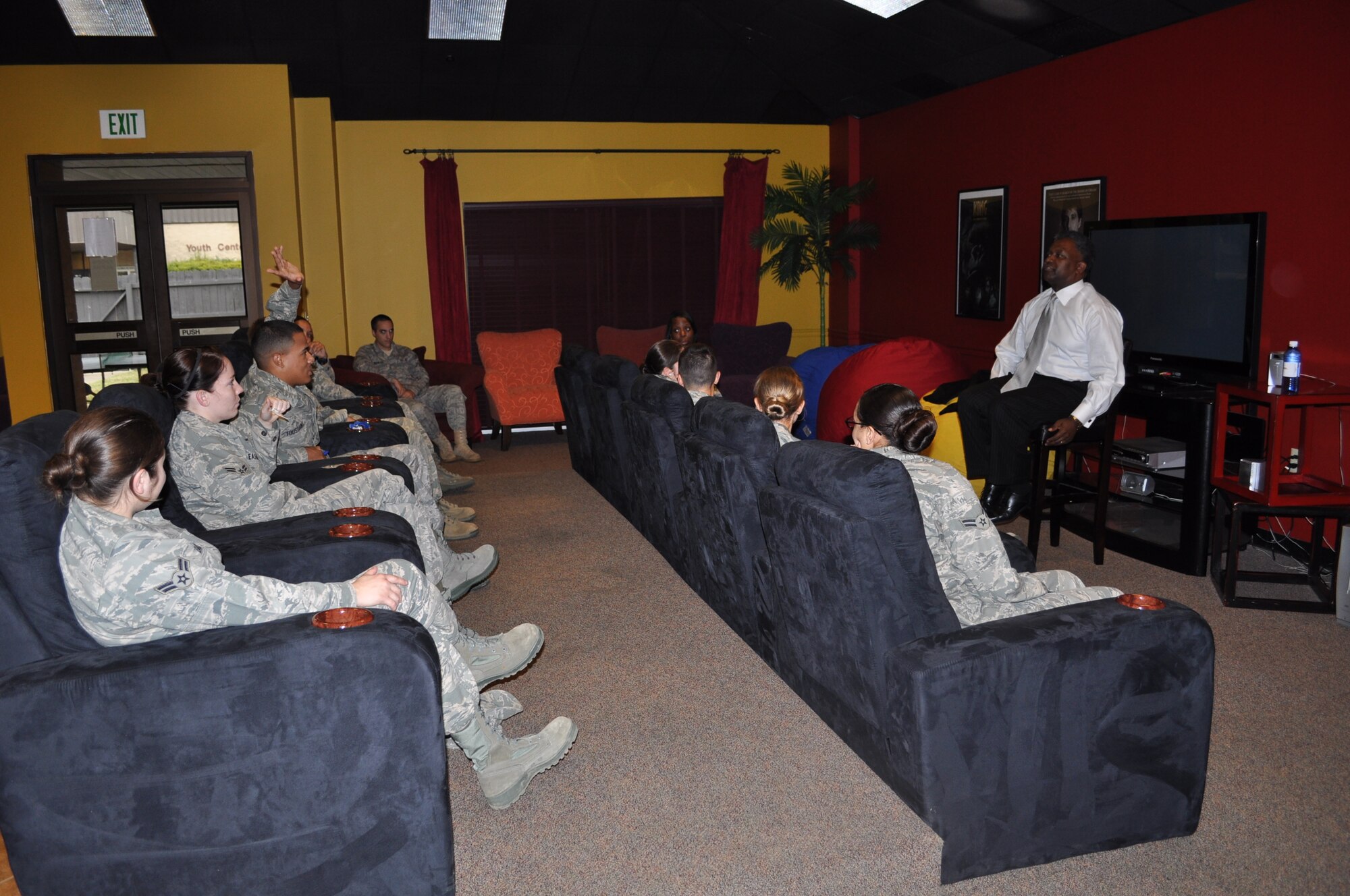 Mr. Horace "H.L." Larry, a member of the Senior Executive Service and the Deputy Director of Air Force Services, Deputy Chief of Staff for Manpower and Personnel, Headquarters U.S. Air Force, met with a group of Columbus Air Force Base single airmen in the enlisted dormitory Montgomery Village recreation facility during his base visit Thursday, Oct.22.   (U.S. Air Force Photo/Sonic Johnson)  