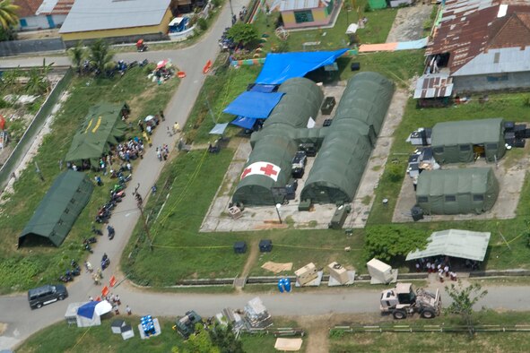 PADANG, Indonesia -- Aerial view of the Humanitarian Assistance Rapid Response Team facility in Padang, Indonesia, Oct. 13, 2009. The facility provided free medical care for the Indonesians following two earthquakes in west Sumatra. (U.S. Navy photo by Mass Communication Specialist 2nd Class Byron C. Linder)