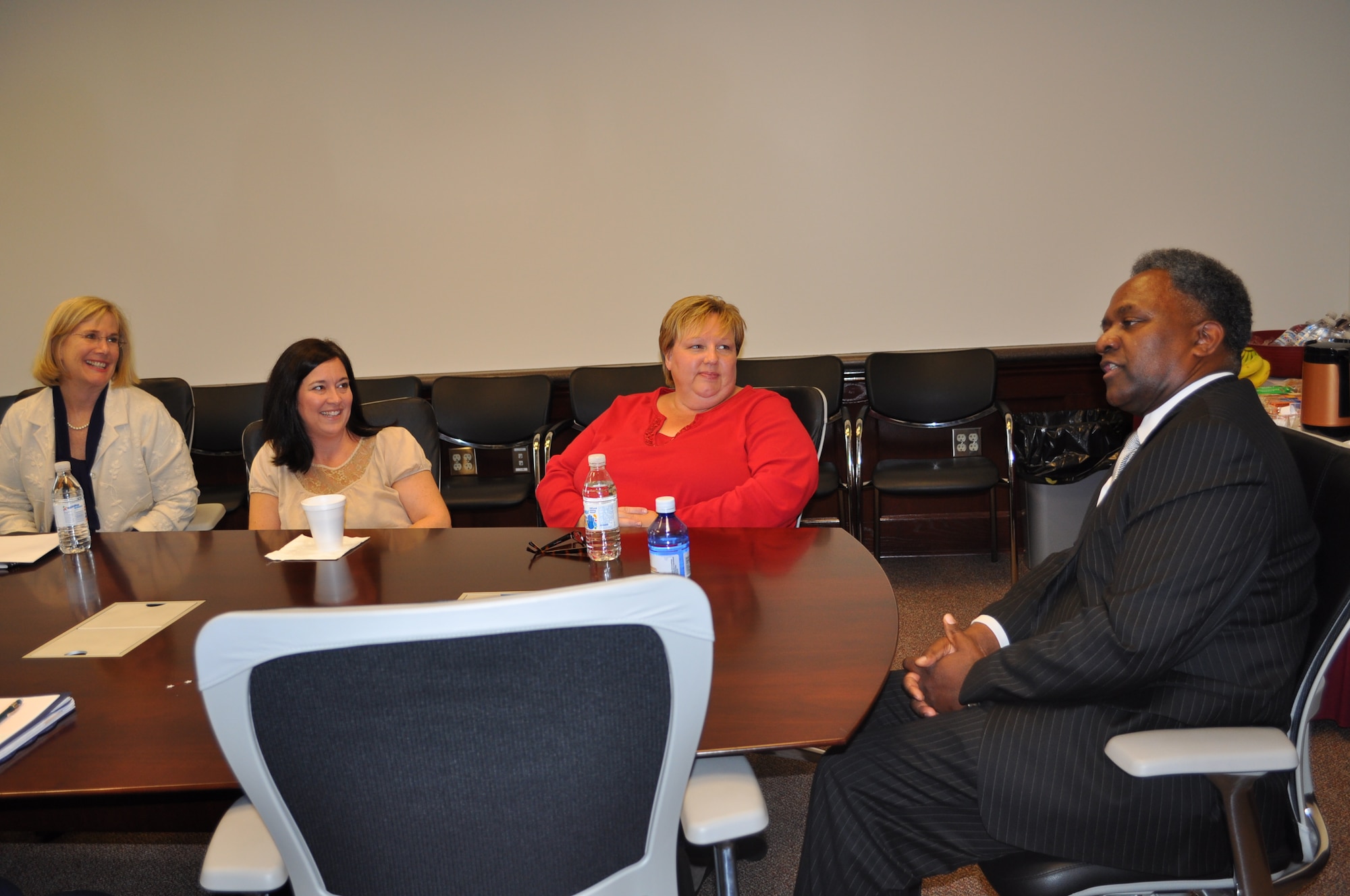 Mr. Horace "H.L." Larry held a focus group with spouses Mrs. Patricia Ely, spouse of MSgt. Scott Ely, 14th Medical Operations Squadron, Mrs. Angie Evans, spouse of MSgt. George Evans, 14th Security Forces Squadron, and Mrs. Marti Ross, spouse of 14th Flying Training Wing vice commander, Col George Ross as part of Mr. Larry’s visit to Columbus Air Force Base Thursday, Oct.22.  The spouses were three of 13 spouses who volunteered to meet with Mr. Larry to share quality of life issues they encounter supporting their active duty spouses. (U.S. Air Force Photo/Sonic Johnson)  
