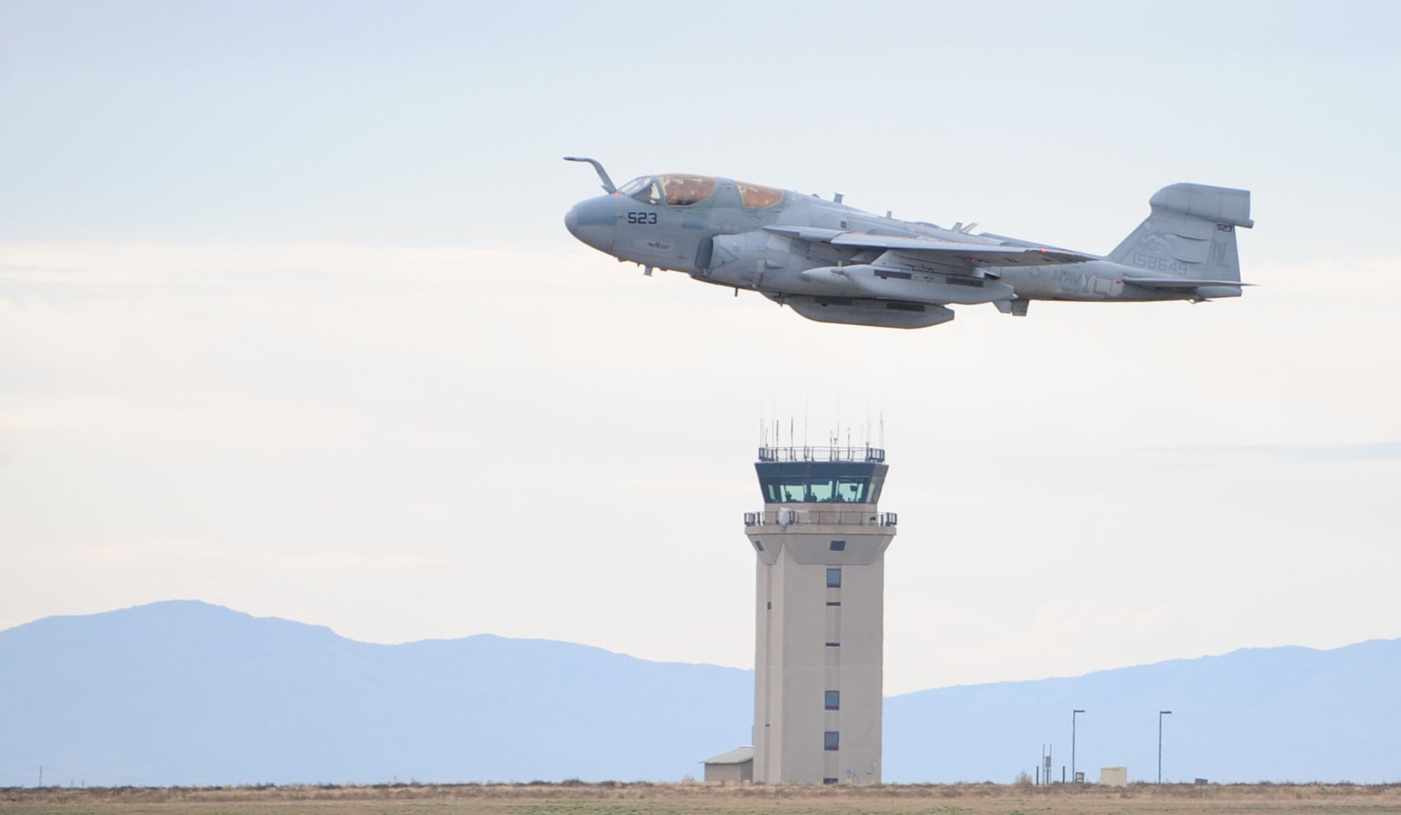 An EA-6B Prowler from Electronic Attack Squadron 142 at Whidbey Island Naval Air Station, Wash., takes off for a training mission Oct. 21, 2009, during the Mountain Roundup exercise at Mountain Home Air Force Base, Idaho. Mountain Roundup is a large-force exercise running from Oct. 15 through Oct. 30 and includes participants from the German air force, U.S. Air Force, U.S. Navy and U.S. Marines. (U.S. Air Force photo/Airman 1st Class Renishia Richardson)