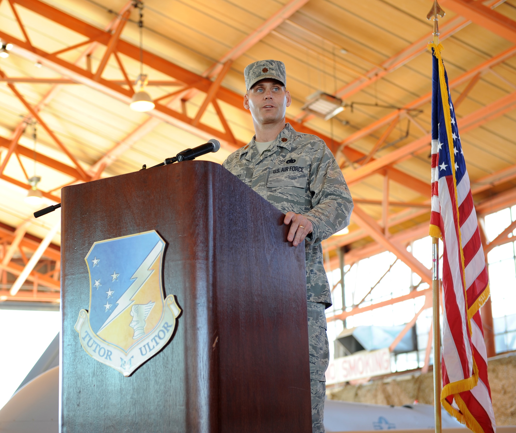 HOLLOMAN AIR FORCE BASE, N.M. -- Maj. Chris Reichardt, 849th Aircraft Maintenance Squadron, speaks after assuming command of the 849th AMXS (provisional) during a ceremony here Oct. 23. The 849th AMXS was originally a detachment assigned to Creech AFB, Nev., but with the assumption of command ceremony, it became the second aircraft maintenance squadron assigned to Holloman. (U.S. Air Force photo by Senior Airman John D. Strong II)