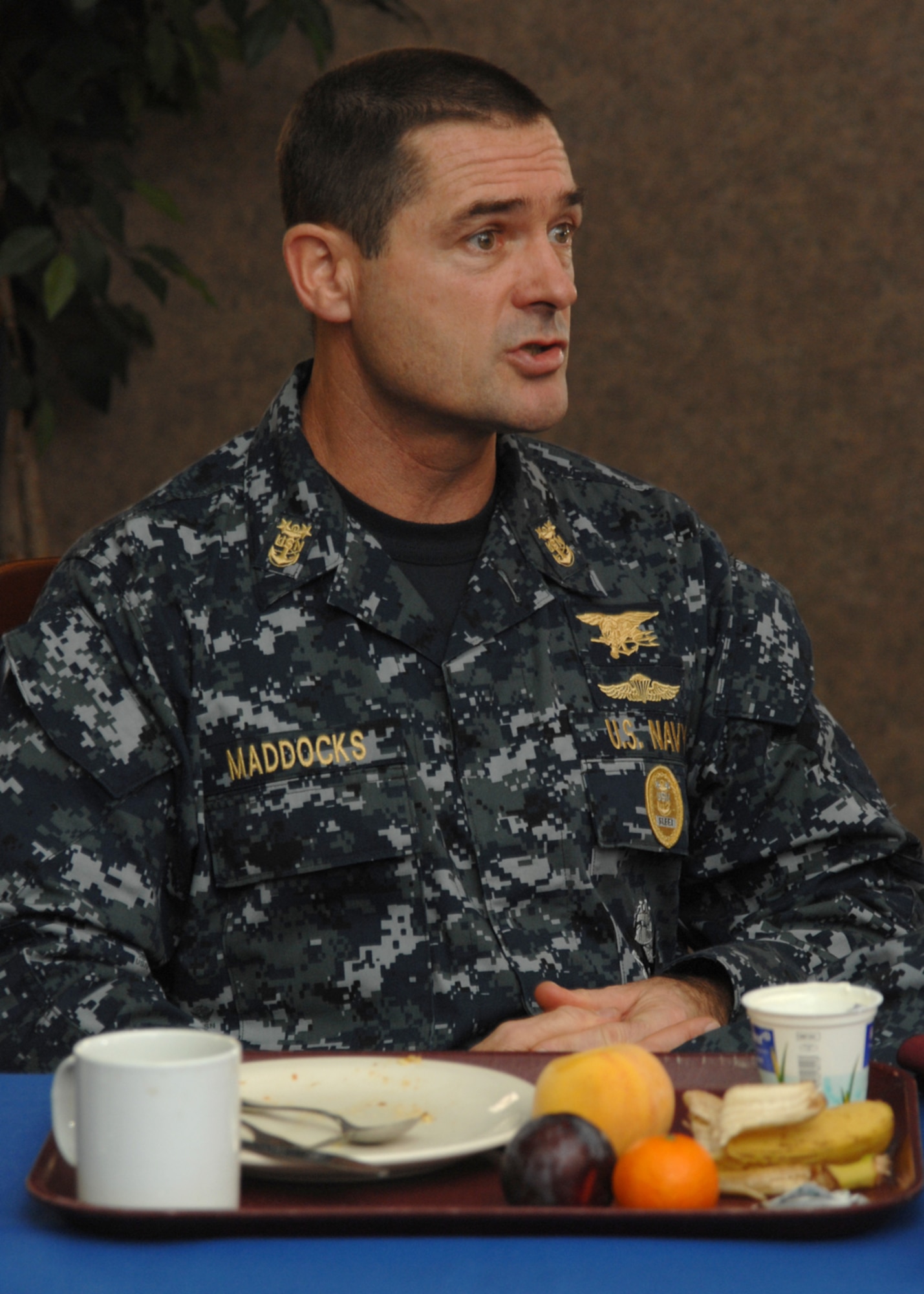 U.S. Navy Fleet Master Chief Petty Officer Roy M. Maddocks, Jr, U.S. European Command senior enlisted leader, speaks to Incirlik’s Airmen and non-commissioned officer’s, during a breakfast Friday, Oct. 23, 2009 at Incirlik Air Base, Turkey. The purpose of Master Chief Maddocks’ visit was to get opinions from all servicemembers on quality of life as well as offer his advice on a broad spectrum of topics such as saving money and contributing to the Thrift Savings Plan. (U.S. Air Force photo/Staff Sgt. Lauren Padden)