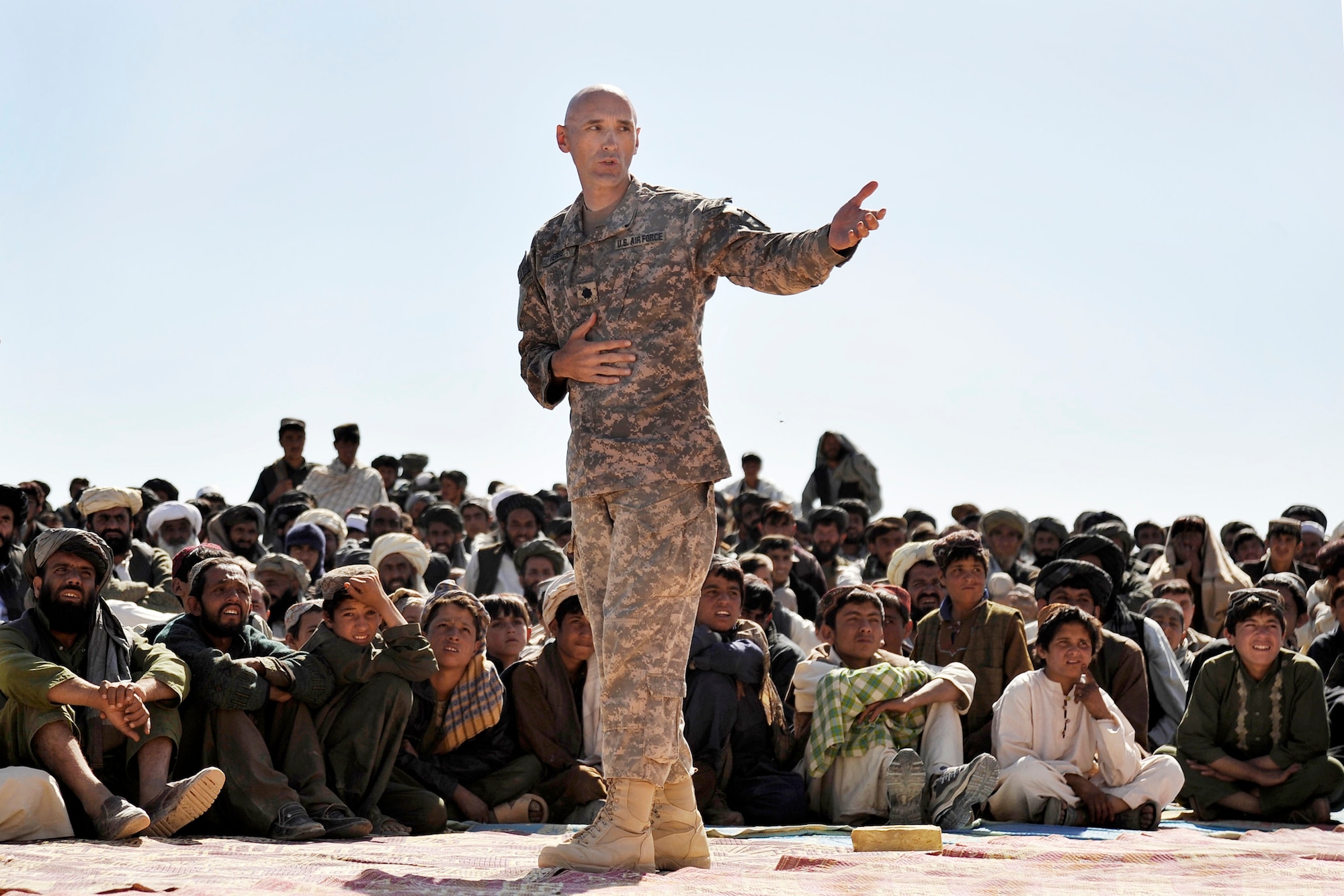 Lt. Col. Andy Veres speaks at the ground-breaking ceremony of the first all girl's high school in the province Oct. 22, 2009, at Shajoy, Afghanistan. Colonel Veres is the commander of the Zabul Provincial Reconstruction Team. (U.S. Air Force photo/Staff Sgt. Angelita Lawrence) 